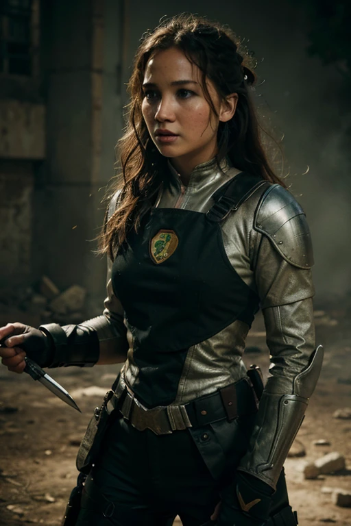 Jennifer Lawrence con traje de fuerza especial, pecho natural, high resolution, arte realista, luchando contra zombies, 1 hembra madura, 1 mqmf, solo, en la azotea, salpicadura de sangre verde, cara seria, trazado de rayos con boca cerrada, perfect lighting, detalle perfecto,