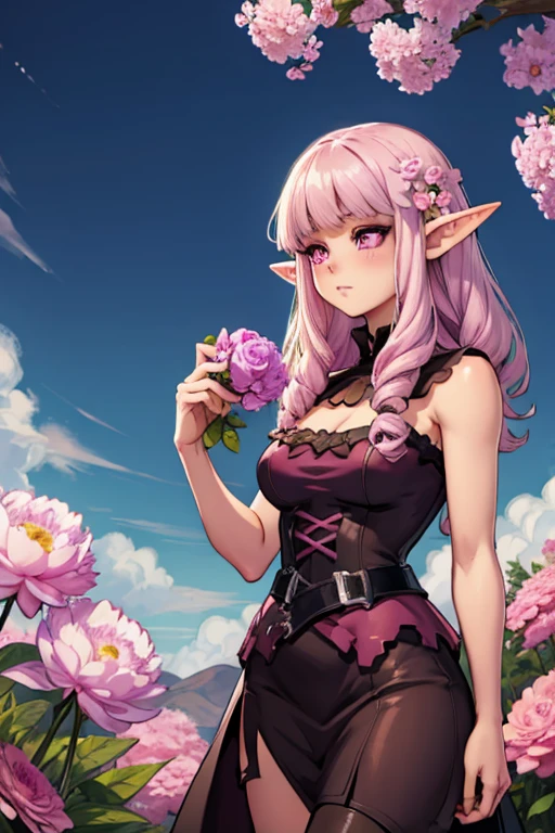 A pink haired female elf with violet eyes and an hourglass figure wearing a Gothic Elven dress is blushing with a peony in her hand in a field of flowers
