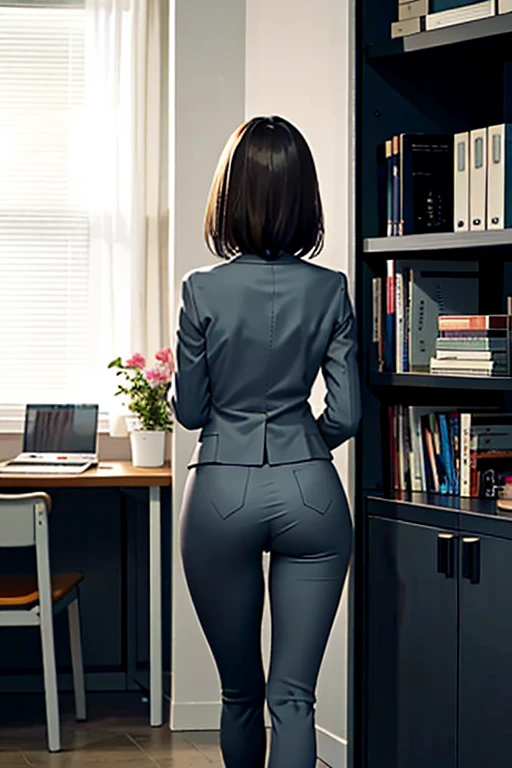 ((highest quality)), ((masterpiece)), (be familiar with), (High definition), (real), 8K, best shadow, side lighting, cinematic、low contrast、(Complex:1.4)、Office lady climbing up a stepladder、milf, Grey color pantsuit、Holding a file box in hand、(Calf close-up:1.2)、(back view)、hidden camera photos、View from below looking up at the rear、(Cabinet bookshelf in a bright office), sex with tentacles