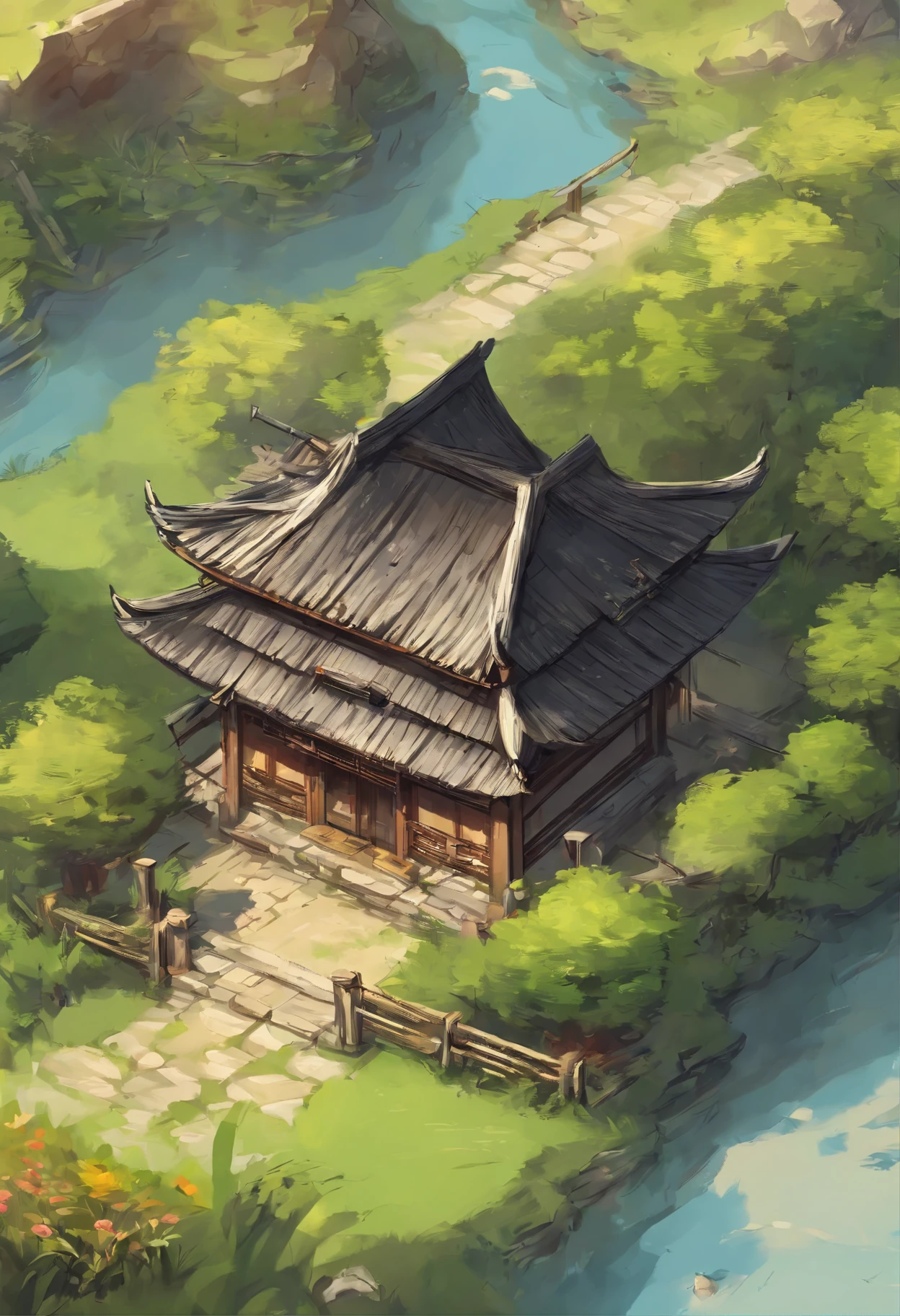 top-down perspective,Pastoral scenery,Ordinary thatched house,There is a field outside the yard,Chinese style,