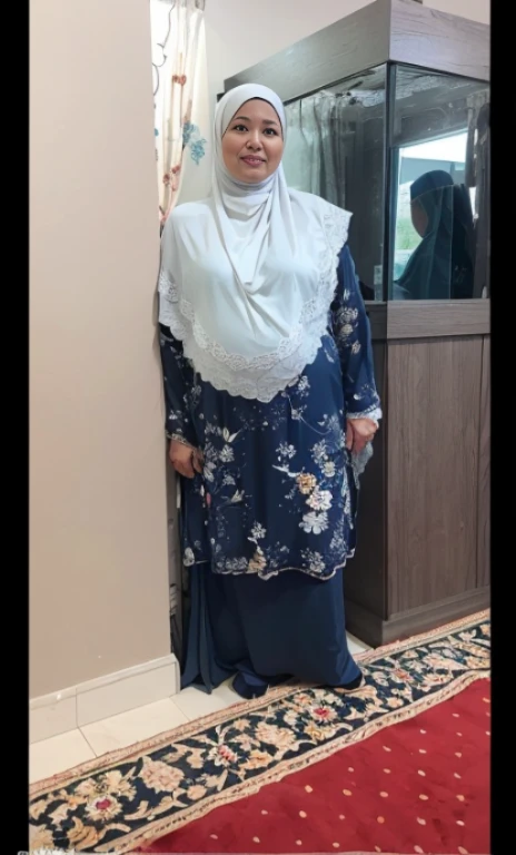 Matured Malay women in hijab, portrait photography, 50 years old, mid shot photo, ultra detail, professional photograph with professional lighting, smile, light blue studio background, sexy seducing pose, curvy, 9 pregnant, hyper pregnant, large belly