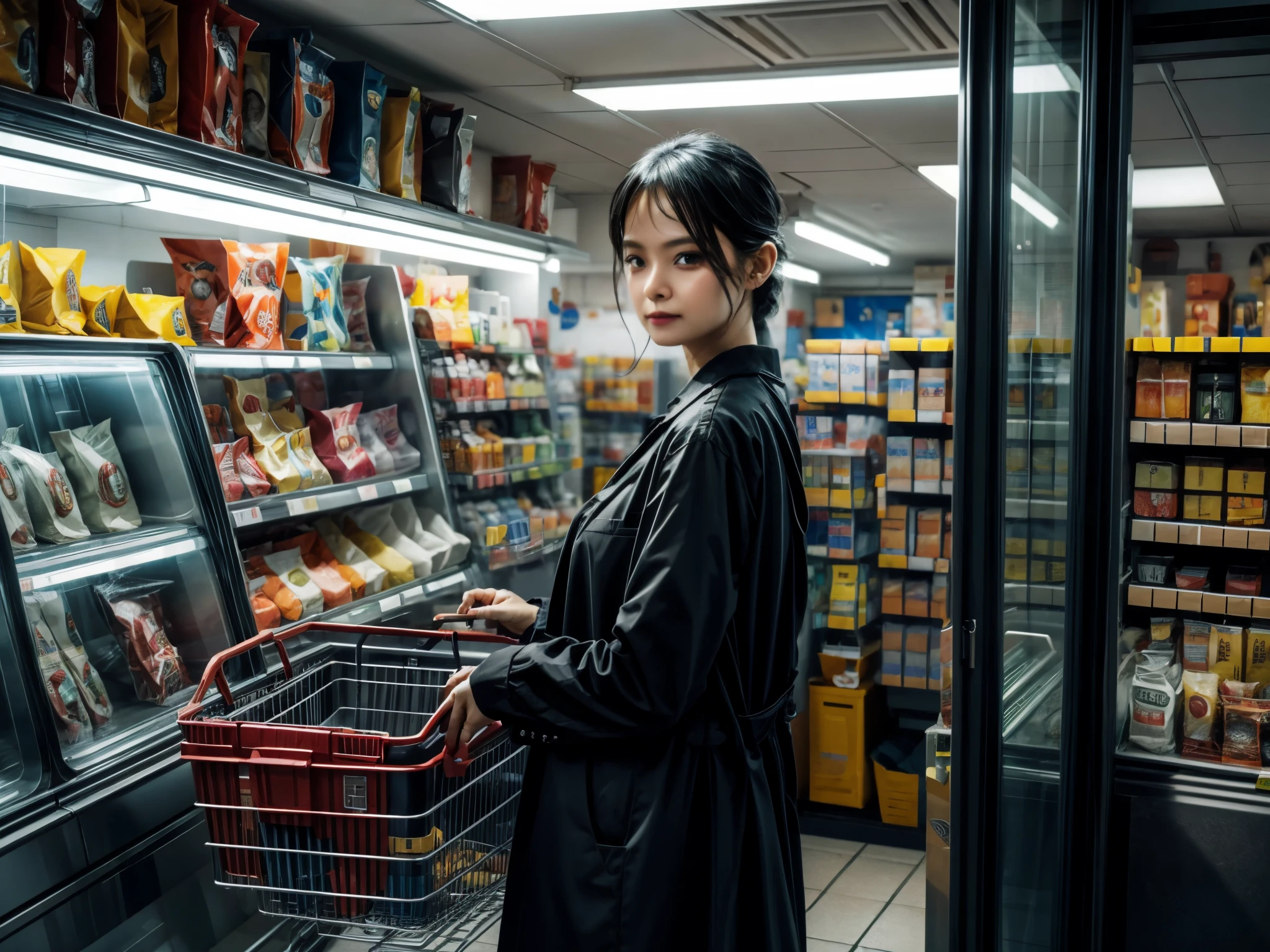 (best quality,highres:1.2),ultra-detailed,realistic,portrait:1.37,detailed eyes,detailed lips,beautiful detailed face,longeyelashes,midnight convenience store,mysterious customer,beautiful female shop assistant,dark atmosphere,glimmering streetlights,neon signs,shadows,reflection on the wet ground,impeccably clean store shelves,wide range of products,convenience store uniform,subtle smile,professional,slight curiosity in her eyes,loneliness,empty aisles,muffled conversations from afar,cigarette smoke,slight foggy effect from the cooling system,soft warm lighting,fluorescent light tubes,humming sound of refrigerators,quiet and calm ambiance,urban scene,mirrored surfaces,lonely cash register on the counter,lonely shopping basket,late-night customers rushing in,bags of snacks and drinks,cash transactions,night shift,quiet passing of time,peaceful and silent night.