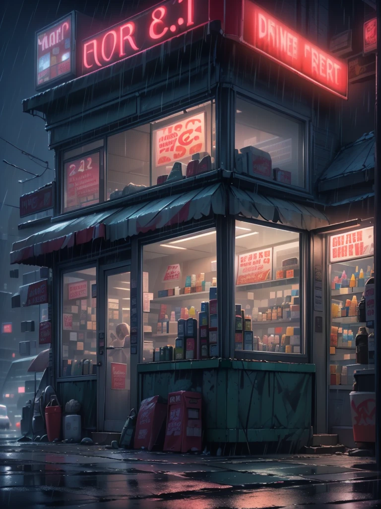 general shot, ((large midnight convenience store with neon signs: 1.5)), (town, street at midnight, wind, flying papers, puddles of water in the streets, car parking, ((sign with text, "24 hour store" in neon magenta:1.3), vintage cars, street lamps lighting, heavy rain, dark and cold night:1.3), masterpiece, hyper realistic, highly detailed and well defined, award-winning image, beautiful photography , CG K: 1.4, 8k