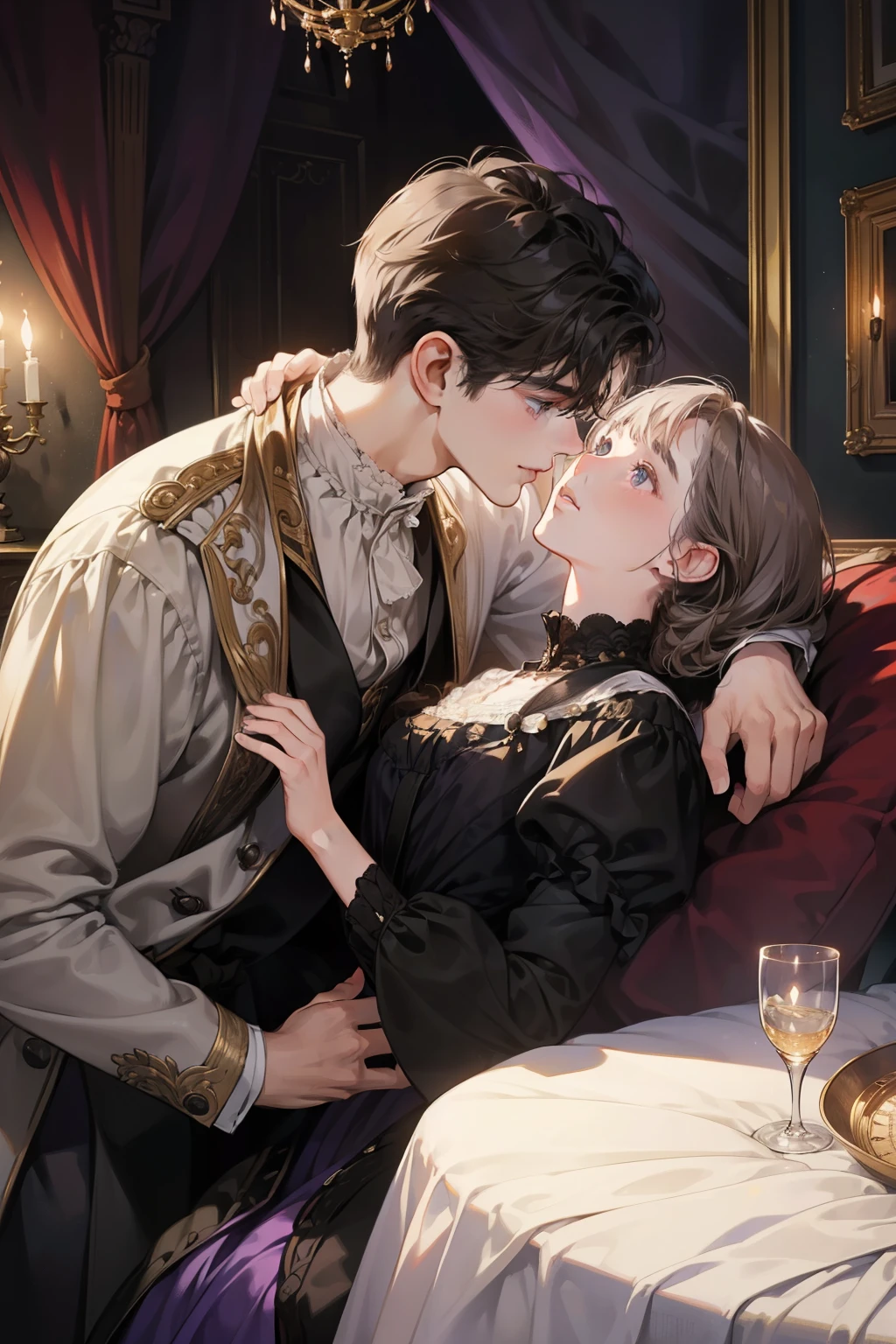 ((masterpieces)), best quality, outstanding illustration, a couple kissing, soft focus, 1 boy with short dark brown hair, 1 girl with long black front bang hair, Victorian clothes, Victorian romanticism, opulent and exquisite atmosphere, soft light and warm lighting, (girl’s eyes are purple), (boy’s eyes are grey).