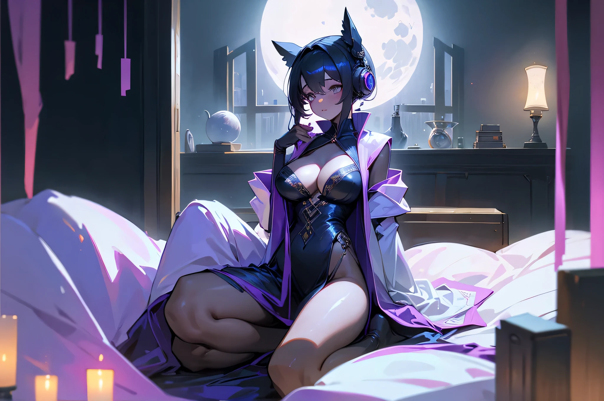 A woman wearing a bathrobe and headphones is lying on the bed、The full moon in the big window behind、big breasts、sexy、dimly lit room、moonlight、exposed、half naked、On your back