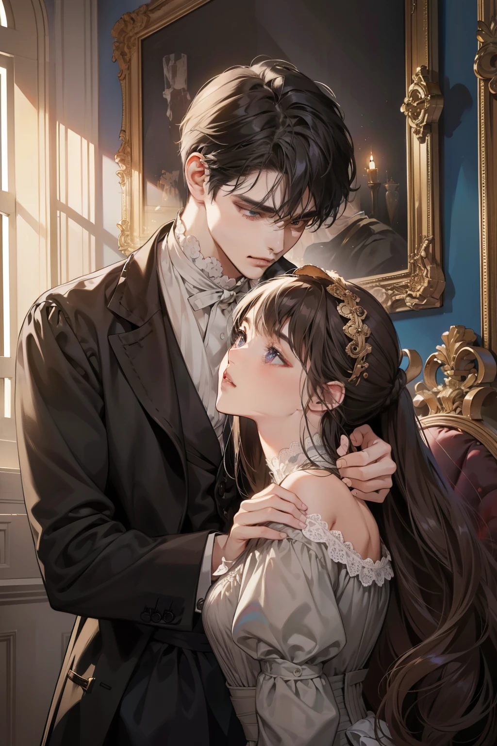 ((masterpieces)), best quality, outstanding illustration, a couple kissing, soft focus, 1 boy with short dark brown hair, 1 girl with long black front bang hair, Victorian clothes, Victorian romanticism, opulent and exquisite atmosphere, soft light and warm lighting, (girl’s eyes are purple), (boy’s eyes are grey).