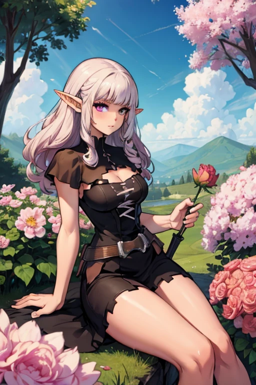 A pink haired female elf with violet eyes and an hourglass figure wearing a Gothic sexy Elven dress is blushing with a peony in her hand in a field of flowers