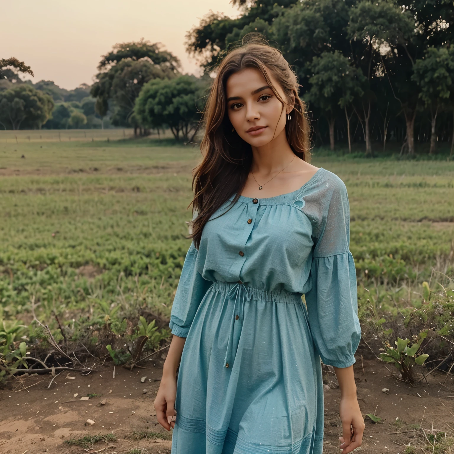 Uma mulher, com os cabelos loiros, com vestido preto, num campo de girassol