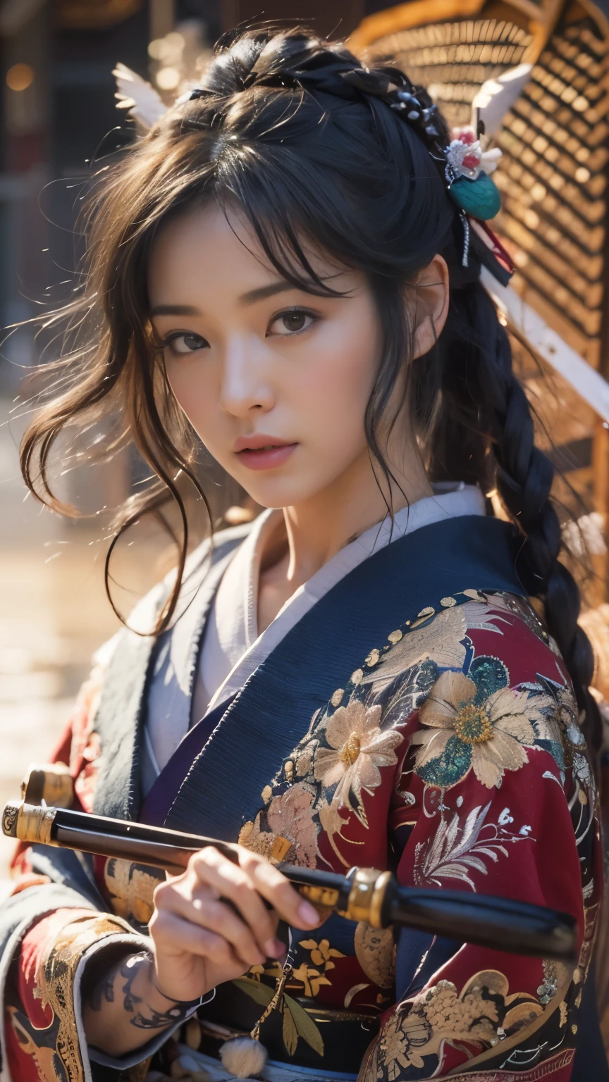 masterpiece, top quality, super detailed, very intricate textures, realistic, realistic, perfect lighting, perfect shadows, depth, 8k, end of Edo period, samurai, pretty Japanese woman, (fuji film)