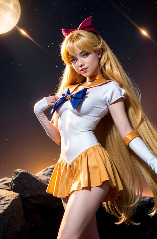 masterpiece, beautiful super model ,perfect lighting , b1mb0, TH3P1T, (full body,wide shot),Are standing,space background, grin, SV1, sailor warrior uniform, Orange Skirt, elbow bag, tiara, Orange sailor collar, red bow, orange choker, white gloves, jewelry,first round、slave、Tie up to the back、View the audience、