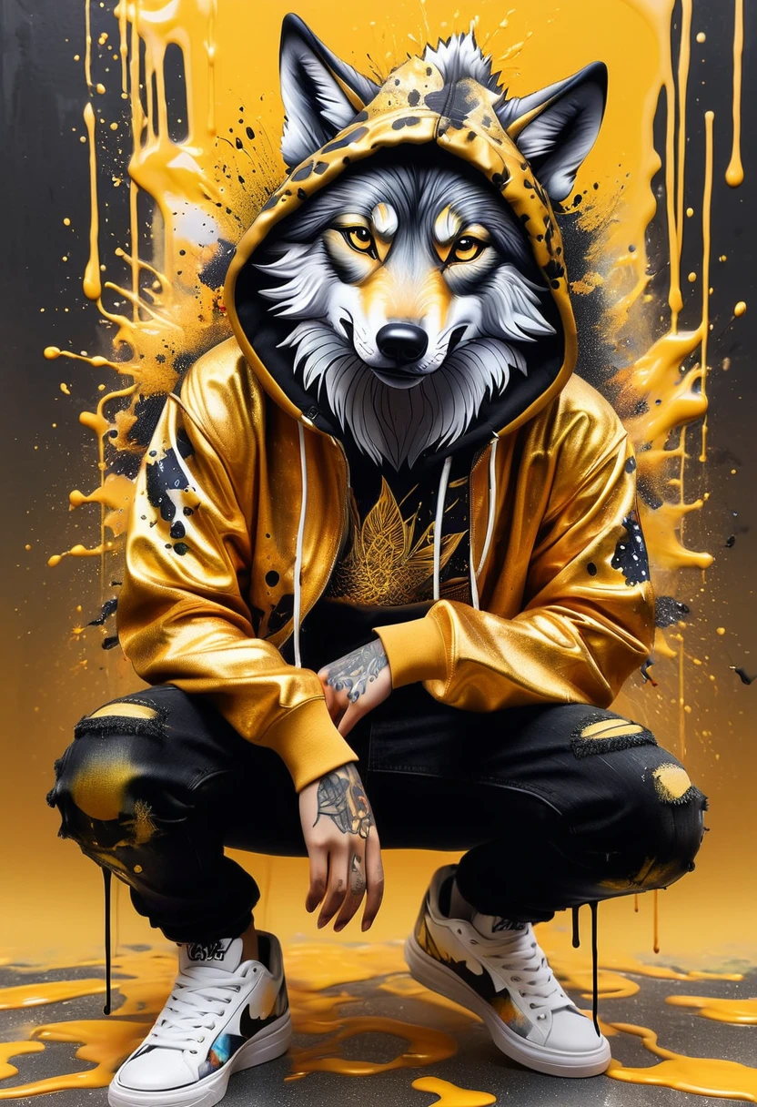 A stunning ink painting featuring an anthropomorphic Wolf head dressed in a hip-hop outfit. Lobo wears a bold, graffiti-inspired hoodie, black jeans, and a pair of stylish sneakers. Posing varied. The background is an explosion of gold and black watercolors, creating a dynamic inkblot and splash art effect. Featured name ''Thayla Online AI'. The undulating colors perfectly match the sleek, hyper-realistic shape of the logo, showcasing the artist's exceptional attention to detail and craftsmanship.