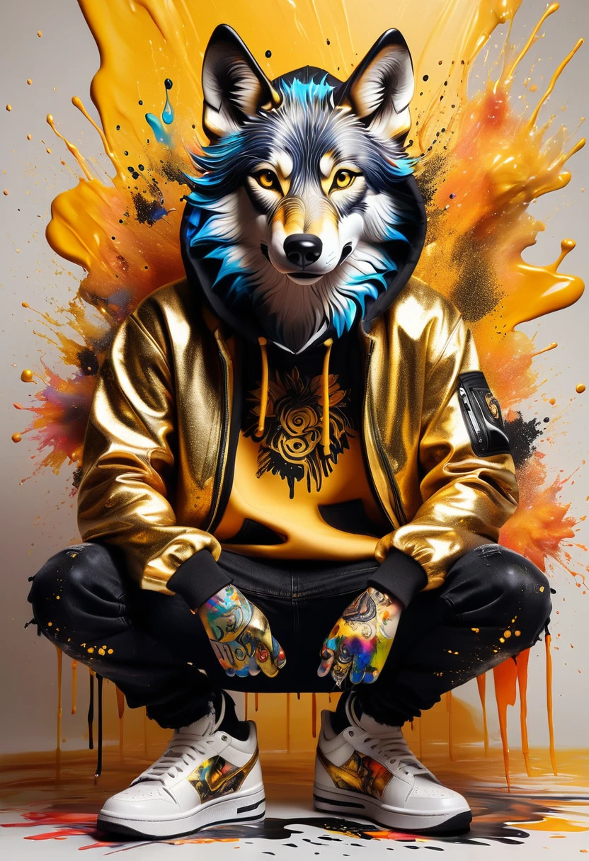 A stunning ink painting featuring an anthropomorphic Wolf head dressed in a hip-hop outfit. Lobo wears a bold, graffiti-inspired hoodie, black jeans, and a pair of stylish sneakers. Posing varied. The background is an explosion of gold and black watercolors, creating a dynamic inkblot and splash art effect. Featured name ''Thayla Online AI'. The undulating colors perfectly match the sleek, hyper-realistic shape of the logo, showcasing the artist's exceptional attention to detail and craftsmanship.