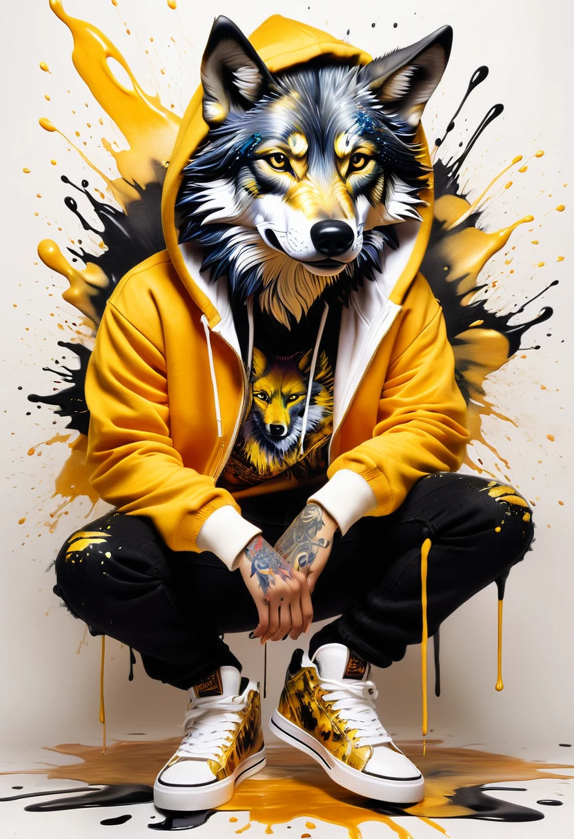 A stunning ink painting featuring an anthropomorphic Wolf head dressed in a hip-hop outfit. Lobo wears a bold, graffiti-inspired hoodie, black jeans, and a pair of stylish sneakers. Posing varied. The background is an explosion of gold and black watercolors, creating a dynamic inkblot and splash art effect. Featured name ''Thayla Online AI'. The undulating colors perfectly match the sleek, hyper-realistic shape of the logo, showcasing the artist's exceptional attention to detail and craftsmanship.