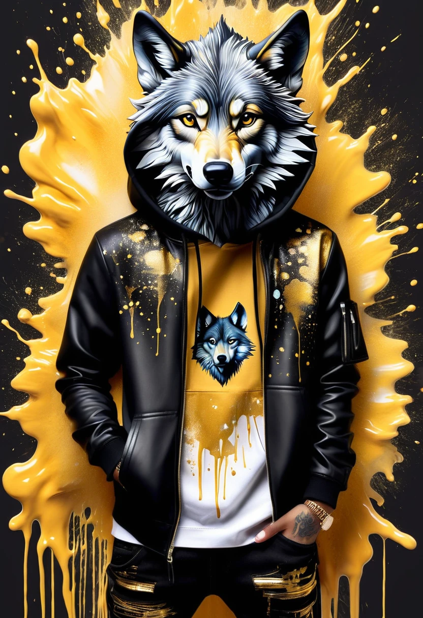 A stunning ink painting featuring an anthropomorphic Wolf head dressed in a hip-hop outfit. Lobo wears a bold, graffiti-inspired hoodie, black jeans, and a pair of stylish sneakers. Posing varied. The background is an explosion of gold and black watercolors, creating a dynamic inkblot and splash art effect. Featured name ''Thayla Online AI'. The undulating colors perfectly match the sleek, hyper-realistic shape of the logo, showcasing the artist's exceptional attention to detail and craftsmanship.