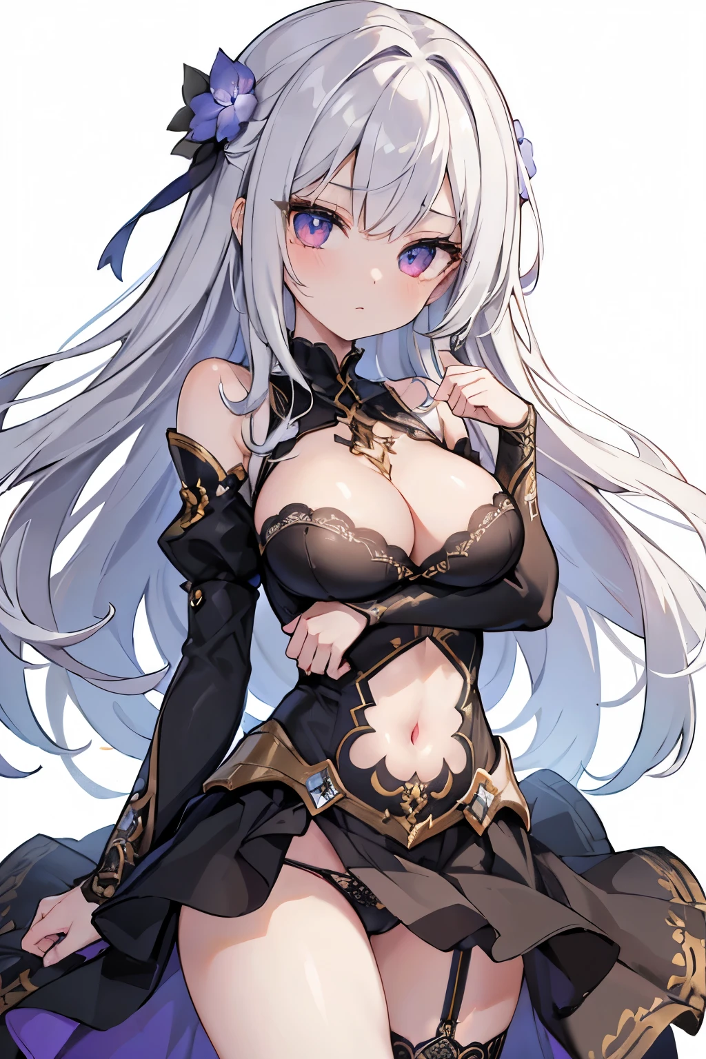 1girl, anime, cute girl, blank background, white background, fantasy, detailed fantasy dress with highlights, beautiful face, beautiful eyes, dark colors, black hair with multicolor streaks, red eye with different color pupil in eye, multicolor eye, medium small breasts (slightly big), slight cleavage, beautiful skin, cute, breast curtains, extremely delicate and beautiful, (beautiful detailed face:1.0), (detailed deep eyes), symmetrical breasts, deep eyes, shiny skin, portrait, slender waist, hips wider than shoulders, thighs, expressionless, young girl, luminous eyes, adorable,(Kpop idol),(aegyo sal:1),(Platinum blonde hair:1),((puffy eye)),Black panty,sexy posture,Superskirt, ultra high resolution,Black collar,slim figure, Abdominal y tattoo, womb tattoo,Tight-fitting leg ring,y tattoo on half-body,Bare skin, Armored hand,Hidden fingertips,Hand covered,Arm covered,Fist covered,{{beautiful detailed fingers}}, tufts of hair, moderate beautiful breast:1.0,(masterpiece:1.2), best quality, high-res, HDR, perfect face, intricate armor, delicate blue filigree, intricate filigree, red metalic parts, detailed part, dynamic pose, dynamic lights, cute face