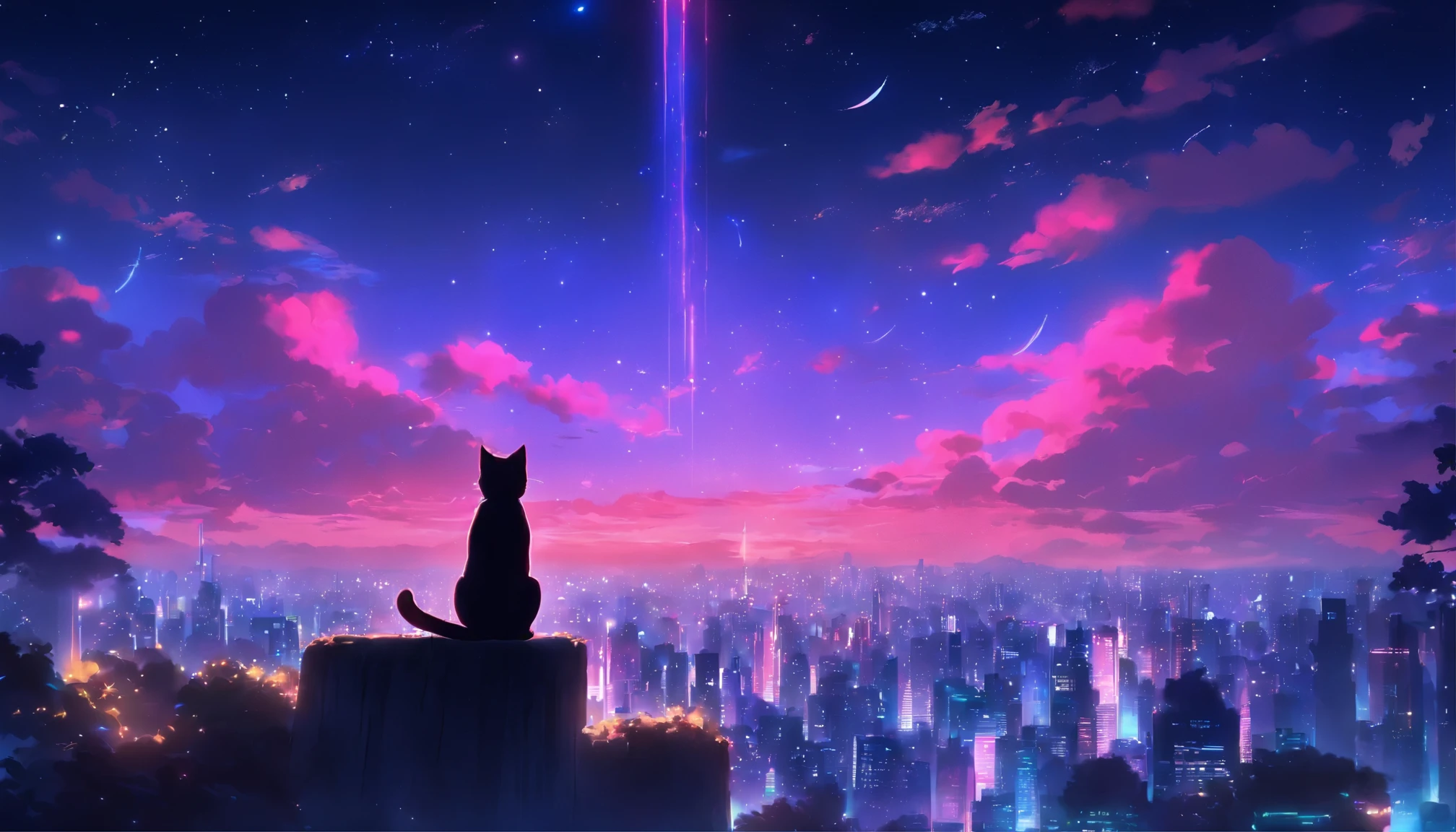 （Reddish、pink），octane, null, performer(null), landscape, 星null, night,（,一匹のCat、I&#39;ll be there for you：1.5），（I&#39;ll be there for you：1.3），Cat，近いnull, solo, outdoor, built, cloud, shooting star，sit on top, wood, hair length, city, silhouette, Superb view of the cityscape，from behind