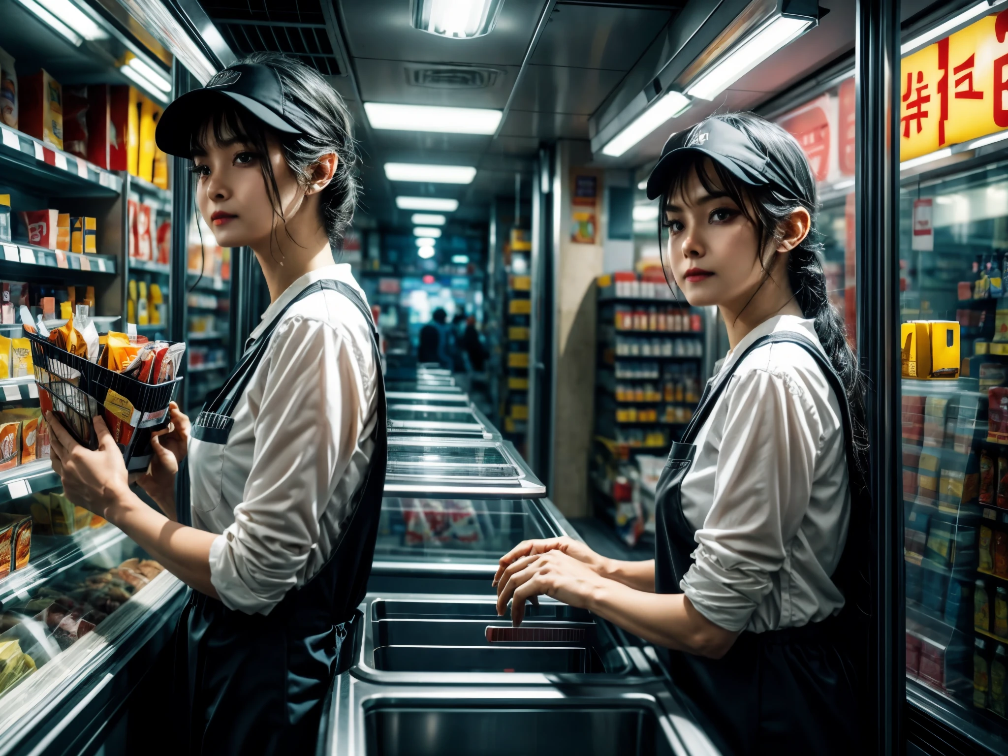 (best quality,highres:1.2),ultra-detailed,realistic,portrait:1.37,detailed eyes,detailed lips,beautiful detailed face,longeyelashes,midnight convenience store,mysterious customer,beautiful female shop assistant,dark atmosphere,glimmering streetlights,neon signs,shadows,reflection on the wet ground,impeccably clean store shelves,wide range of products,convenience store uniform,subtle smile,professional,slight curiosity in her eyes,loneliness,empty aisles,muffled conversations from afar,cigarette smoke,slight foggy effect from the cooling system,soft warm lighting,fluorescent light tubes,humming sound of refrigerators,quiet and calm ambiance,urban scene,mirrored surfaces,lonely cash register on the counter,lonely shopping basket,late-night customers rushing in,bags of snacks and drinks,cash transactions,night shift,quiet passing of time,peaceful and silent night.