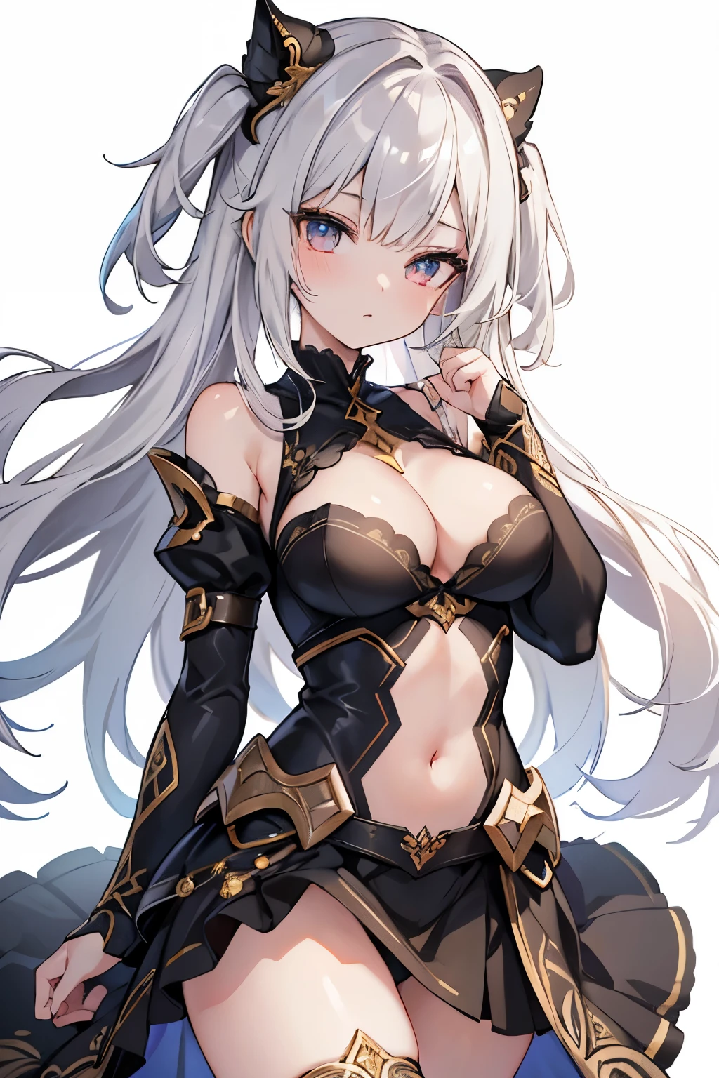1girl, anime, cute girl, blank background, white background, fantasy, detailed fantasy dress with highlights, beautiful face, beautiful eyes, dark colors, black hair with multicolor streaks, red eye with different color pupil in eye, multicolor eye, medium small breasts (slightly big), slight cleavage, beautiful skin, cute, breast curtains, extremely delicate and beautiful, (beautiful detailed face:1.0), (detailed deep eyes), symmetrical breasts, deep eyes, shiny skin, portrait, slender waist, hips wider than shoulders, thighs, expressionless, young girl, luminous eyes, adorable,(Kpop idol),(aegyo sal:1),(Platinum blonde hair:1),((puffy eye)),Black panty,sexy posture,Superskirt, ultra high resolution,Black collar,slim figure, Abdominal y tattoo, womb tattoo,Tight-fitting leg ring,y tattoo on half-body,Bare skin, Armored hand,Hidden fingertips,Hand covered,Arm covered,Fist covered,{{beautiful detailed fingers}}, tufts of hair, moderate beautiful breast:1.0,(masterpiece:1.2), best quality, high-res, HDR, perfect face, intricate armor, delicate blue filigree, intricate filigree, red metalic parts, detailed part, dynamic pose, dynamic lights, cute face
