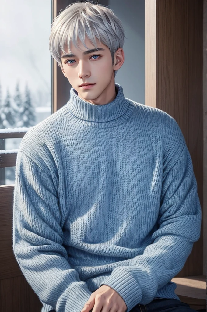 silver hair　short hair　golden eyes　Fair skin　beautiful　Handsome guy　24-years-old　blue knit clothes　live-action　snow
