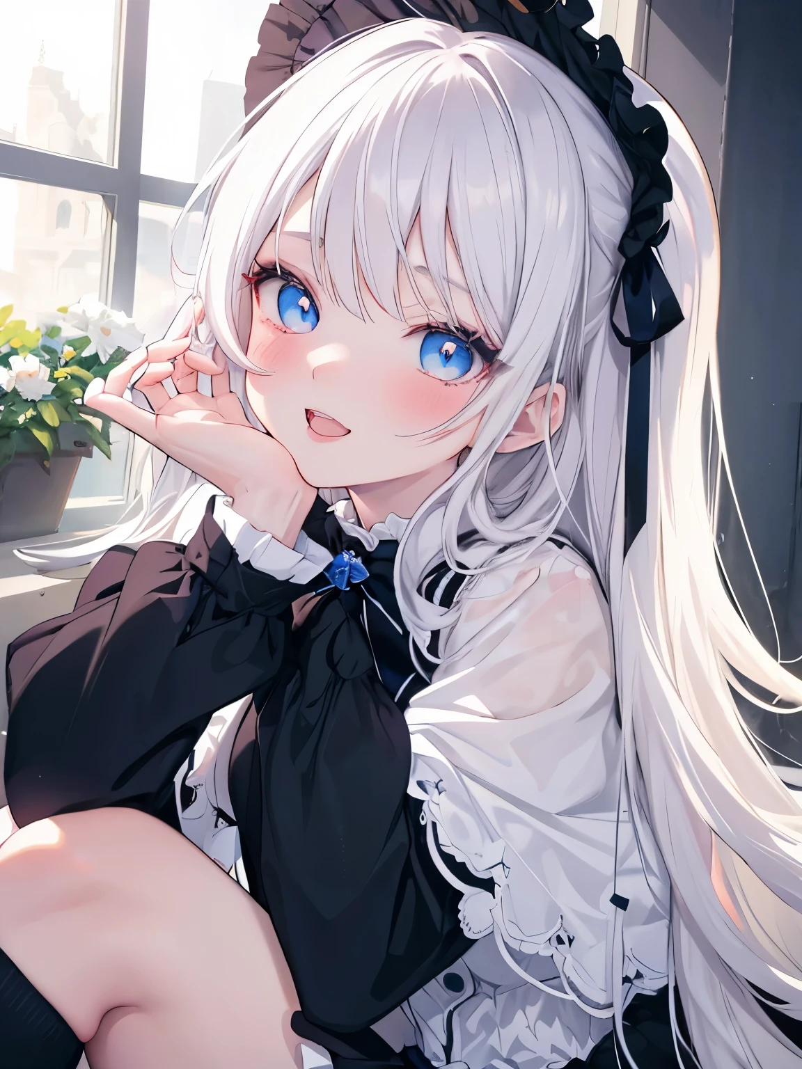 Masutepiece, Highest Quality, (Perfect face:1.1), (high detailing:1.1), (ultradetailed eyes),Dramatic,superfine illustration,Extremely detailed,1girl in,teenager,(pale skin),long white hair,Ethereal eyes,Simple eyes,empty eyes,Blue eyes,blush,Solo,Smile,Happy,Laugh,Enjoy, Open mouth,Pouty lips,Cinematic lighting,upper body,looking up,leaning forward,Long sleeve,Gothic lolita, frilld,bow ribbon,knee high socks