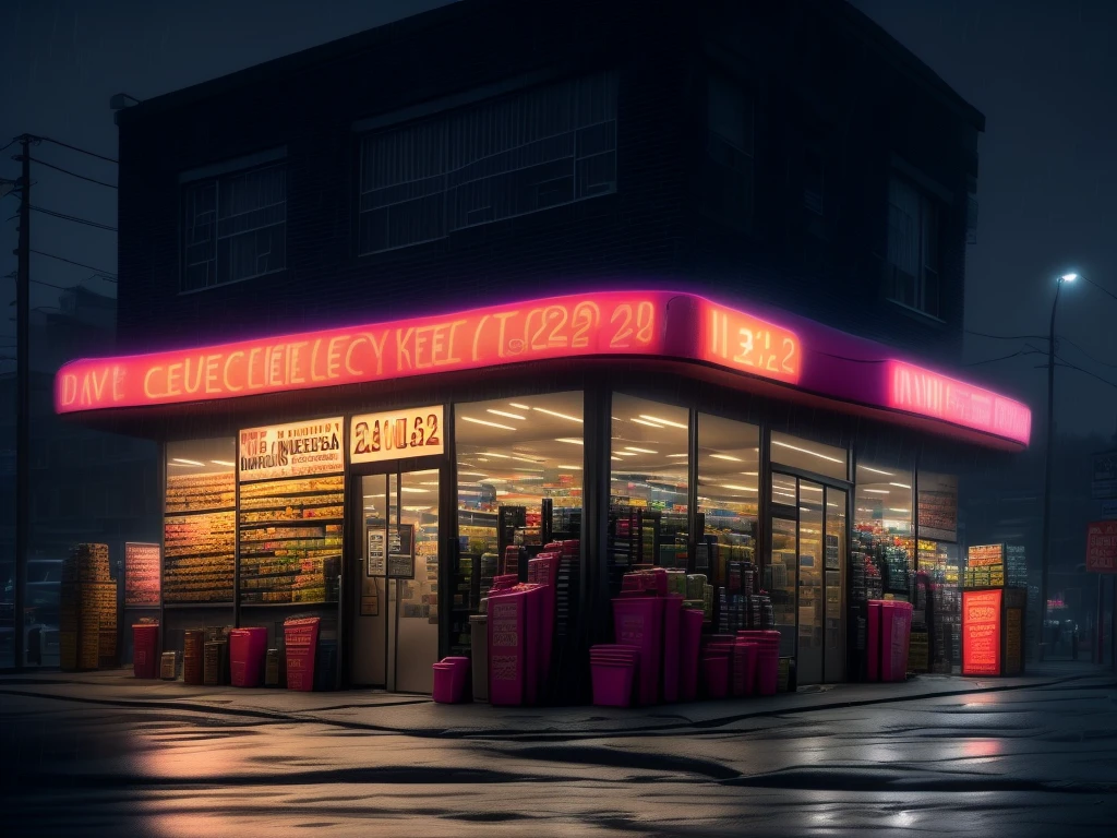 general shot, ((large midnight convenience store with neon signs: 1.5)), (town, street at midnight, wind, flying papers, puddles of water in the streets, car parking, ((sign with text, "24 hour store" in neon magenta:1.3), vintage cars, street lamps lighting, heavy rain, dark and cold night:1.3), masterpiece, hyper realistic, highly detailed and well defined, award-winning image, beautiful photography , CG K: 1.4, 8k