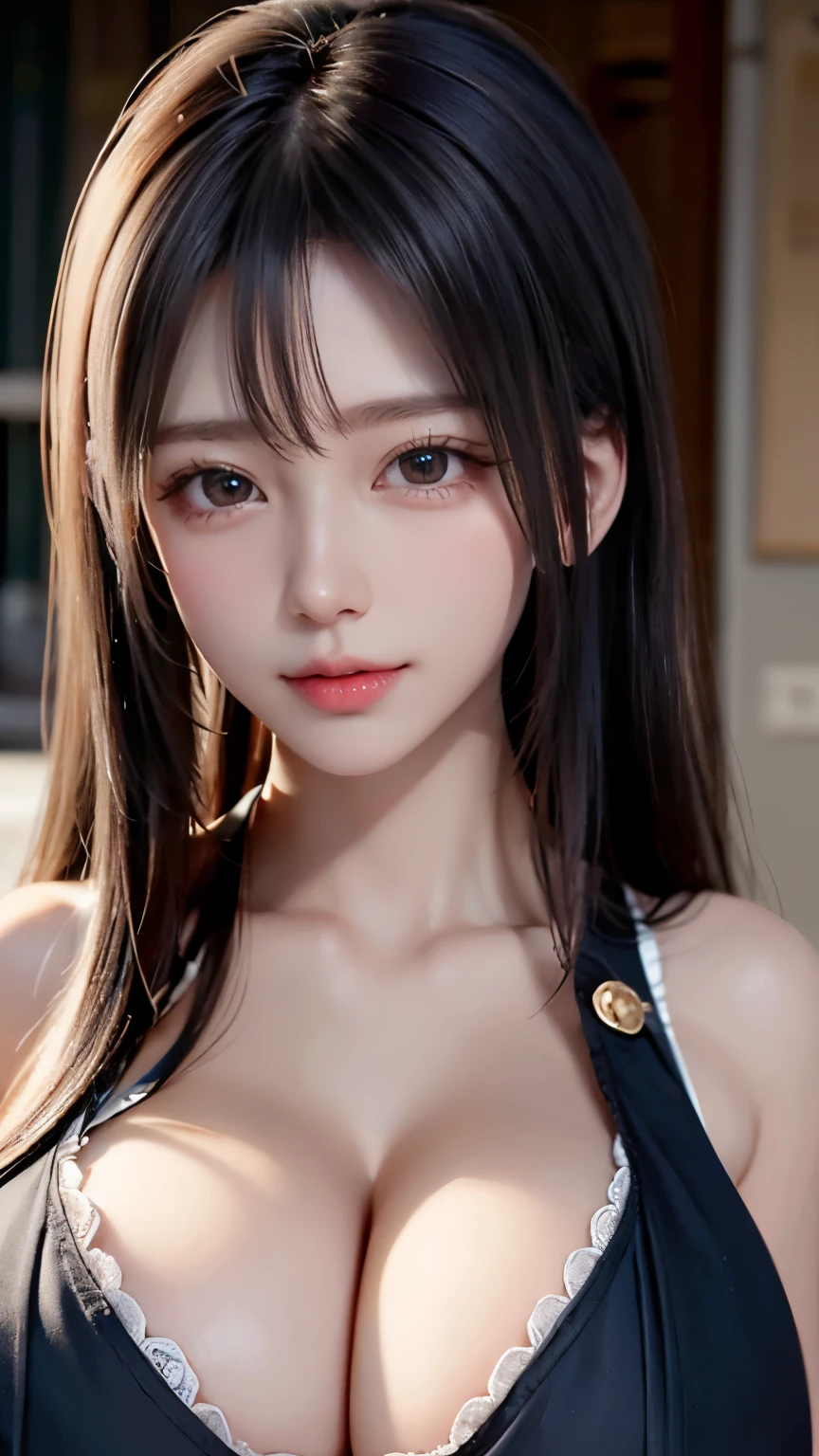 (8K, Raw photo, realistic:1.25) ,（very delicate and beautiful：1.2）,(big eyes),(big breasts:2.5),(long cleavage:2.0),(beautiful breasts:1.5),( lip gloss, eyelash, shiny face, Glossy skin, highest quality, ultra high resolution, Depth of the bounds written, chromatic aberration, caustics, wide range lighting, natural shading,K-POPアイドル) She looks at the viewer with a calm, goddess-like happiness.,sensual, blush, sweating, vivid details, Super detailed, realistic skin texture, Beautiful eyes in every detail,Muchimuchi
