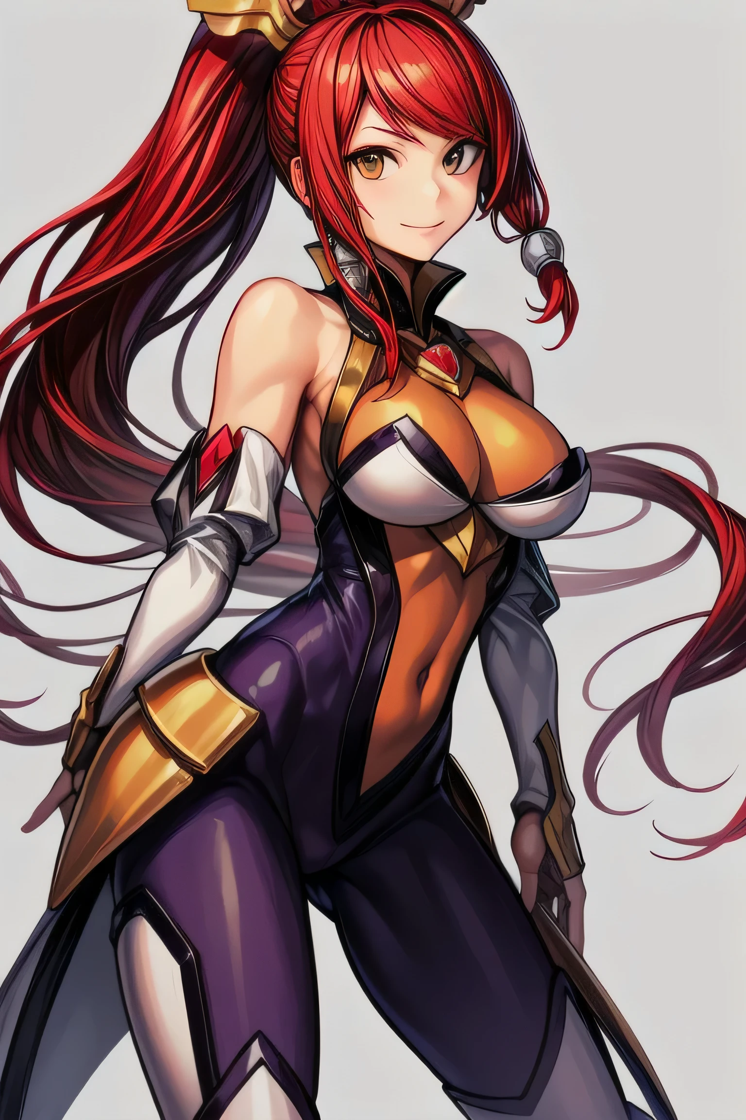 Izayoi (blazblue), orange eyes, red hair, ponytail, long hair, large breasts, armor, bodysuit, boots, skin tight, skirt, thigh boots, thighhighs, 1girl, solo, facing viewer, looking at viewer, upper body, smile,