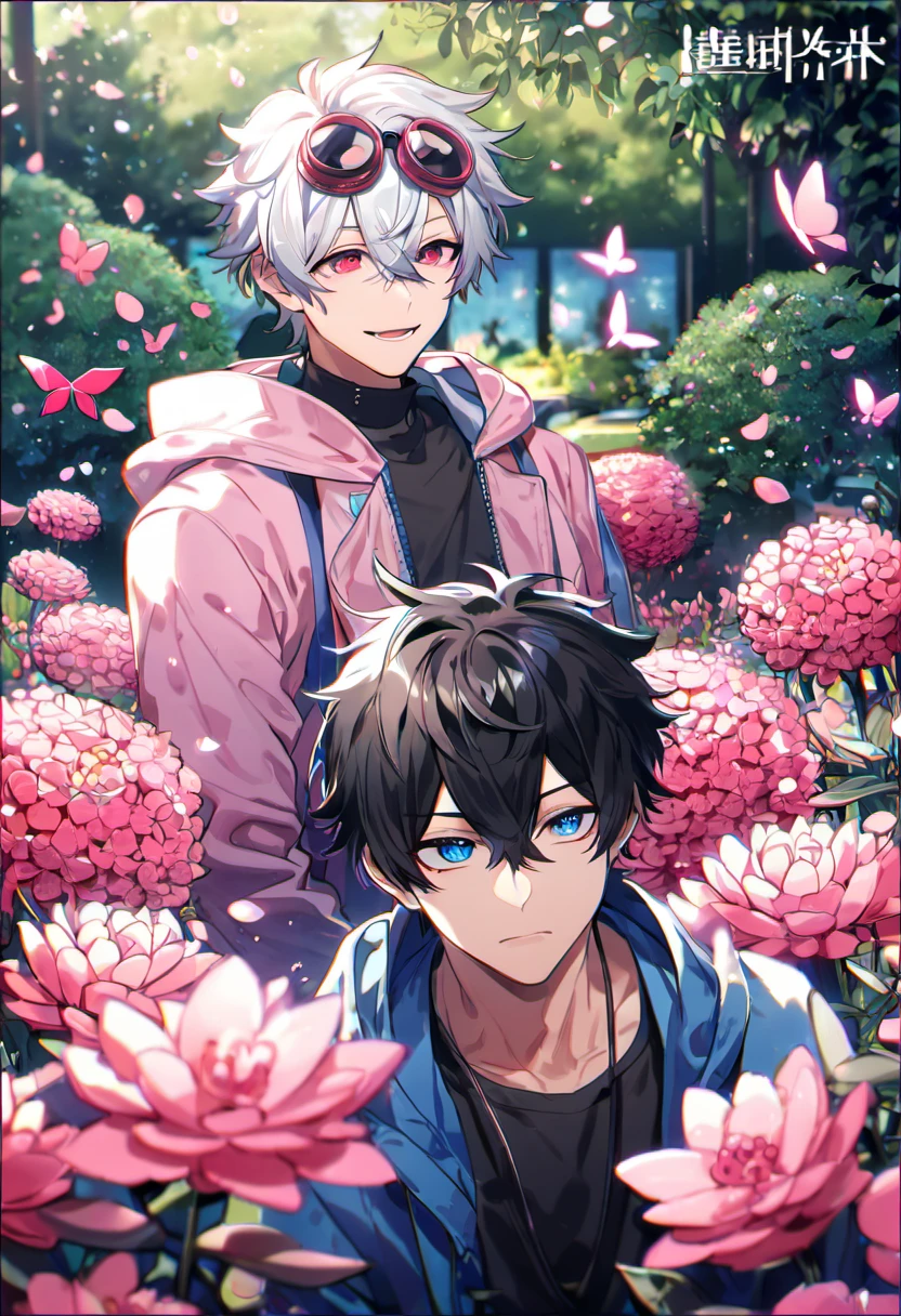 absurdres, highres, ultra detailed, HDR, masterpiece, Gareki, spiky black hair, hair between the eyes, expressive blue eyes, a pair of black goggles on the forehead Karneval, Nai, white hair, expressive scarlet eyes, 2men together, gay couple, handsome, pink petals, pink butterflies, pink flowers, garden, extremely detailed, black shirt, a hooded blue coat