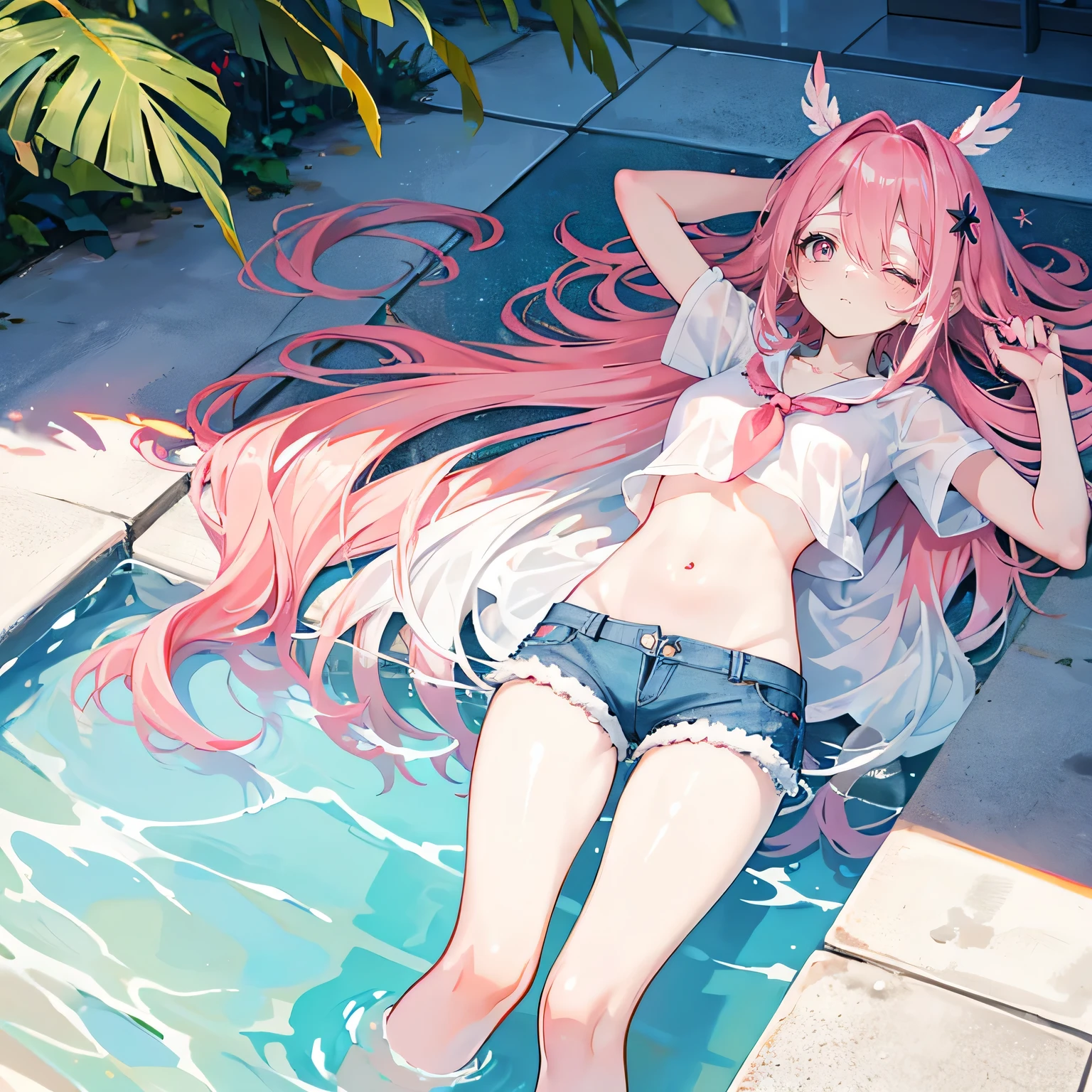 Coral pink hair,long hair,hair over one eye,gray eyes,feather hair ornament,girl,cute,short sleeves,Denim shorts,Navel exposed,White silk pantyhose,White silk pantyhose,,full-body shot,whole body,Lying in the swimming pool,lying on the water,The background is a swimming pool