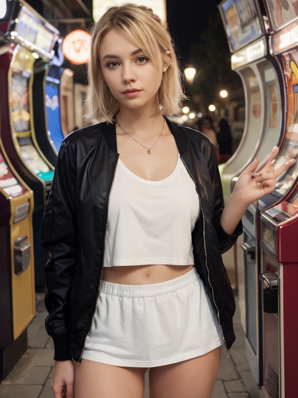 Beautiful blonde 24 years old woman, lolalove, asymmetrical mohawk, wearing yellow bomber jacket, white loose t-shirt,  80s arcade, college skirt, neon lights, canon 18 mm, night, realistic portrait, highly detailed, analog style, deep cleavage, playing pacman