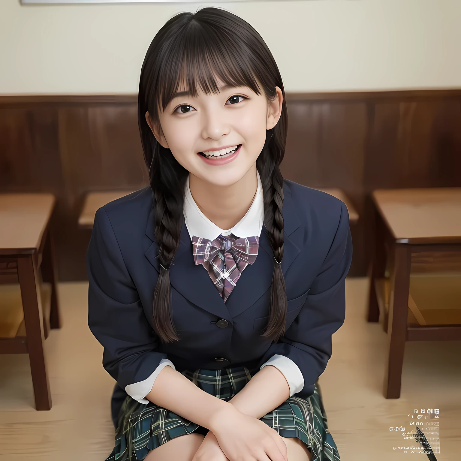 (highest quality、masterpiece:1.2)、highest quality、realistic、photograph、High resolution、1080p、8K、The face is especially pale., physical rendering、((Height: 155cm)), one beautiful Japanese girl、((A 15-year-old Japanese junior high school student is sitting)), (((Fashion model in a Japanese magazine))), , (((big very detailed beautiful dark brown eyes))), ((blue girly large wine-red glossy polyester Japanese school ribbon bow tie)), (((black beautiful long twin braids hair))), ((((deep blue colored tartan checkered formal long pleated pleated skirt)))), ((A unpatterned formal dark blue blazer in solid that is slightly oversized and has an emblem on the left chest.)), ((((((She is laughing at me!)))))), mouth is open, The large blazer and skirt are very cute., detailed fingers, Slender body, ((curled bangs)), so beautiful, long eyelashes, ((Very big and very very very cute eyes of a Japanese girl)), ((large pupils)), double eyelids, The entire skirt is photographed, thin eyebrows, ((drooping eyes)), ((long eyelashes)), ((cute lovely lovely laughing laughing cheeks)), ((Pure white light hits her face from above and in the front, making her skin and eyes shine beautifully.)), ((Strong light hits the nose and cheeks、It brings out the richness of the expression.)), (((((Her face is expressive, pure and very intelligent.))))), (((looking down on the audience)))