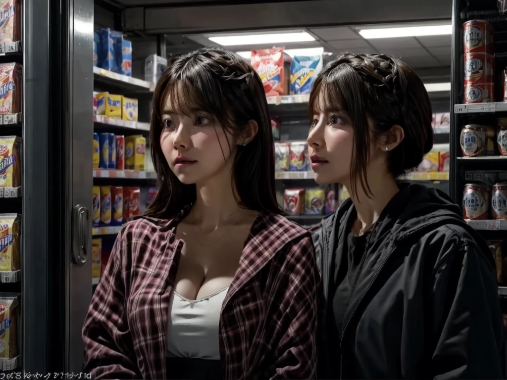 (best quality,4k,8k,highres,masterpiece:1.2),ultra-detailed,(realistic,photorealistic,photo-realistic:1.37),night scene,dark atmosphere,convenience store,beautiful detailed female clerk,mysterious customer,robbery,suspenseful,crime scene,emotional tension,dramatic lighting,surveillance cameras,shadows,neon lights,flickering lights,brightly lit shelves,exquisite details on products and packaging,cash register,tense facial expressions,anxiety in the air,quiet midnight,isolated location,late-night shift,masked robber,holding a weapon,attempting to steal money,dramatic confrontation,terrified customers,hiding behind aisles,phone ringing in the distance,nervous whispers,panicked footsteps,arsenal of snacks and beverages,brightly colored soda cans,packets of instant noodles,stacks of magazines,humming refrigerator,cold air conditioning,security alarm,emergency phone,tense music playing in the background,unpredictable climax,unexpected twist ending,emotive storytelling.