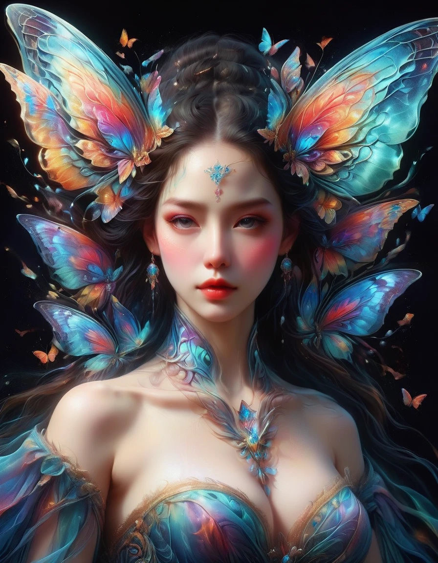 Create a surreal portrait of a woman with butterfly wings, Her presentation should be dreamlike and ethereal, with the vibrant, outlandish colors and improbable, distortion-filled artistry characteristic of Surrealism, a movement prevalent in the early 20th century, Think of the intricacy and strangeness often associated with visual illusions, Let her gown flow in an eerily graceful manner, This portrait should be captured as if viewed through a macro lens, accentuating each fine line and elaborate detail, Though it is a fantasy-inspired piece, the realism in the details should not be compromised., Eyes on the audience, first-person view, pov, cowboy shot, UHD, masterpiece, ccurate, anatomically correct, textured skin, super detail, award winning, best quality, 8k
