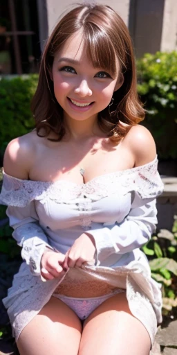 best quality, masterpiece, photorealistic, high resolution, solo, 1 girl, NSFW, realistic and detailed skin,standing, look at viewer, 20-year-old, (sun glasses with thick frame:1.4),slender body shape、short hair,((legs spread)), sexy lips,( colorful lace dress:1.4),smile,wedding dress, (nipples come out of bra:1.2),breasts covered by dress, (pussy come out of panties:1.4),skirt lift