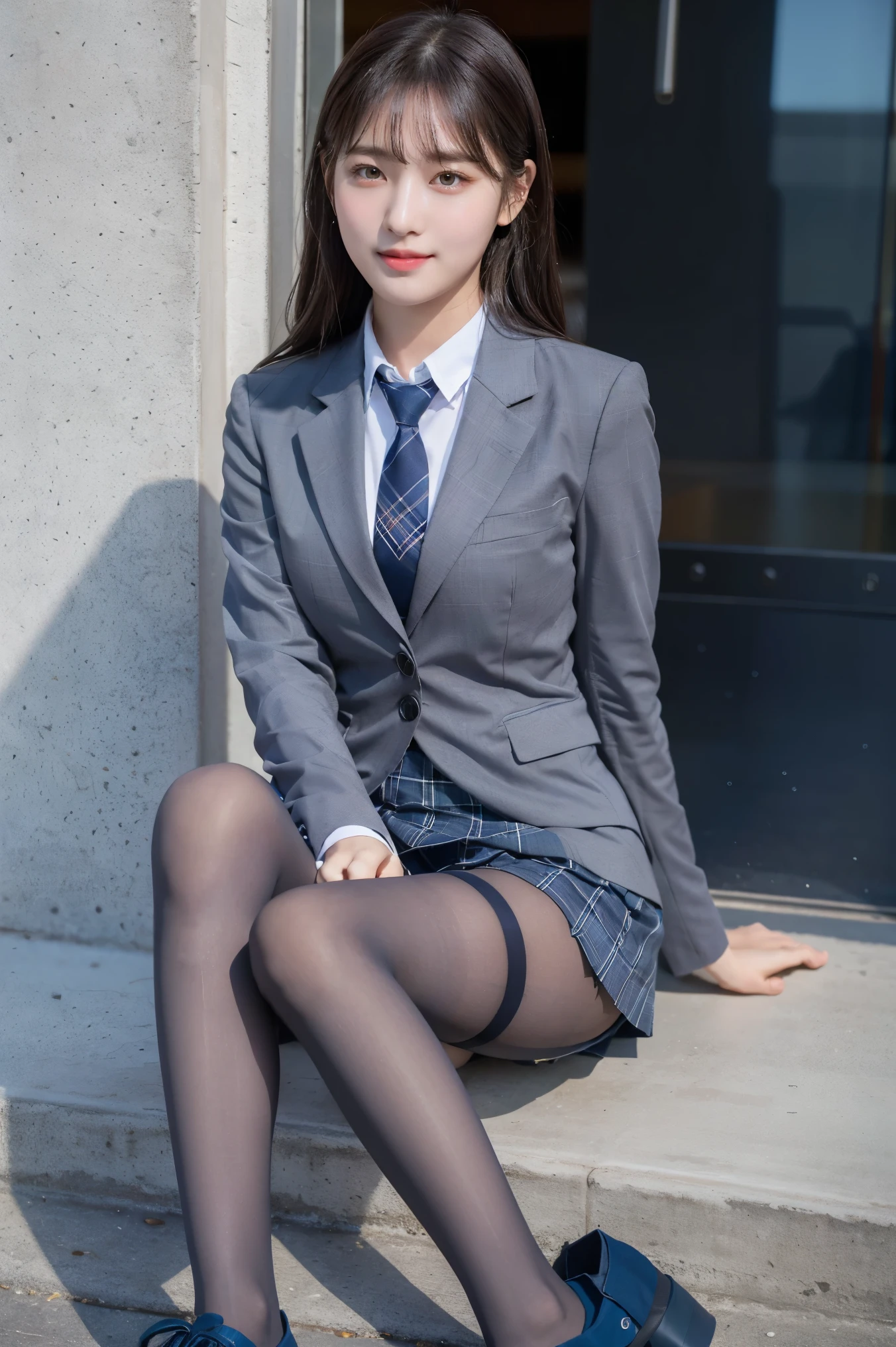 (8K), (highest quality: 1.2), (realistic), (realistic: 1.37), ultra high resolution, (1 girl), cute, smile, closed mouth, beautiful details, beautiful nose, wet hair, giant dulcefo, pork, thighs，self snap,University Student Uniform,A simple navy blue blazer,pleated skirt,(The skirt and tie are gray tartan check pattern....:1.3),(sitting:1), sit on the ground,(hug your feet:1),(pink pantyhose),from the front,knees