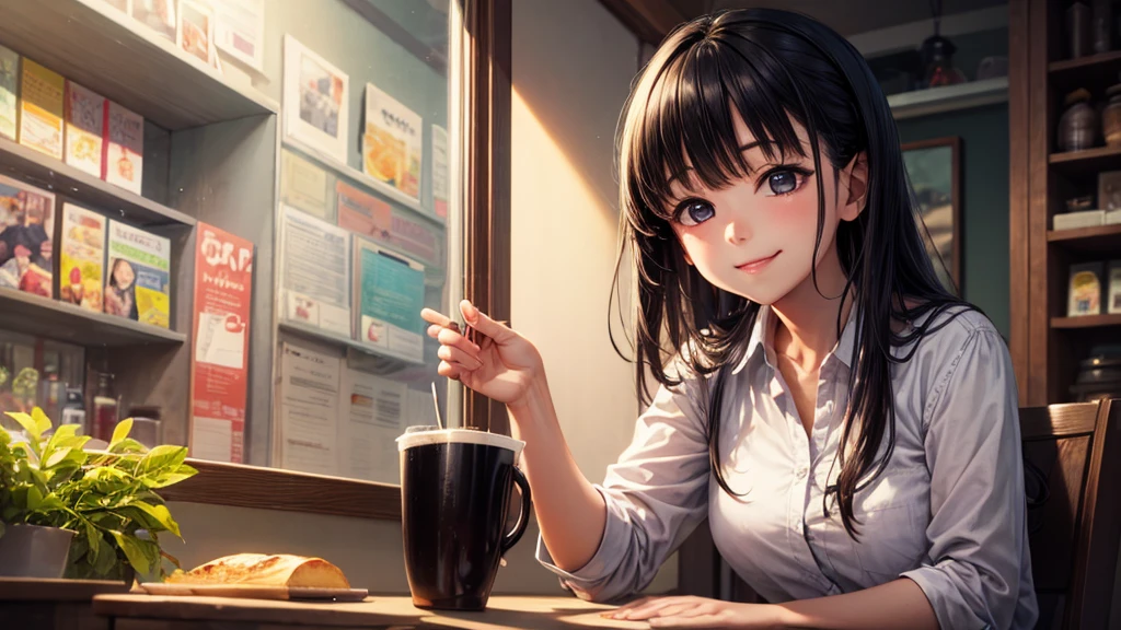 original photo, best quality), 1 girl, Kanao Tsuyuri, natural lighting, Upper body, cafes, Smile, Satosh Khan Art Style