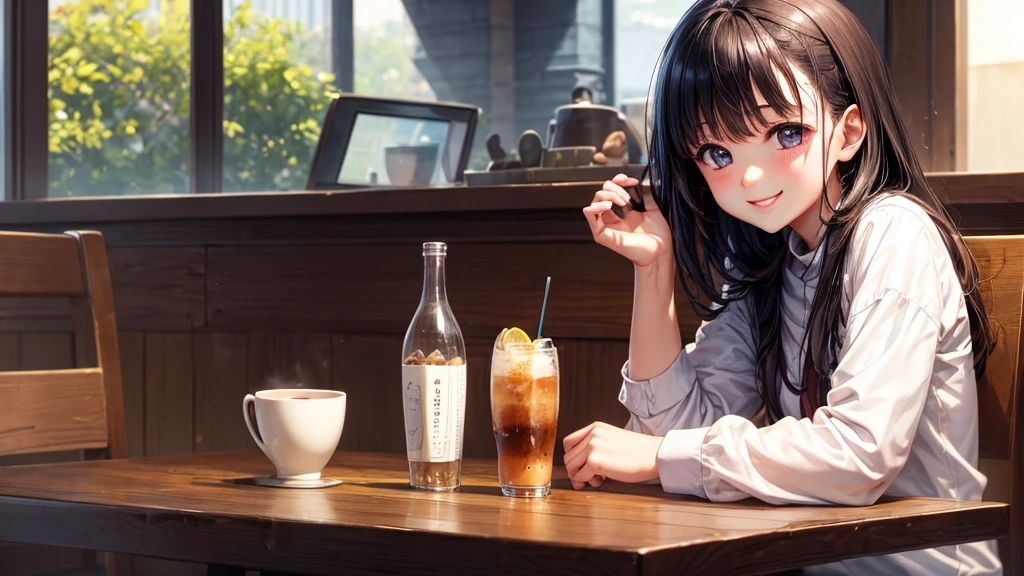 original photo, best quality), 1 girl, Kanao Tsuyuri, natural lighting, Upper body, cafes, Smile, Satosh Khan Art Style