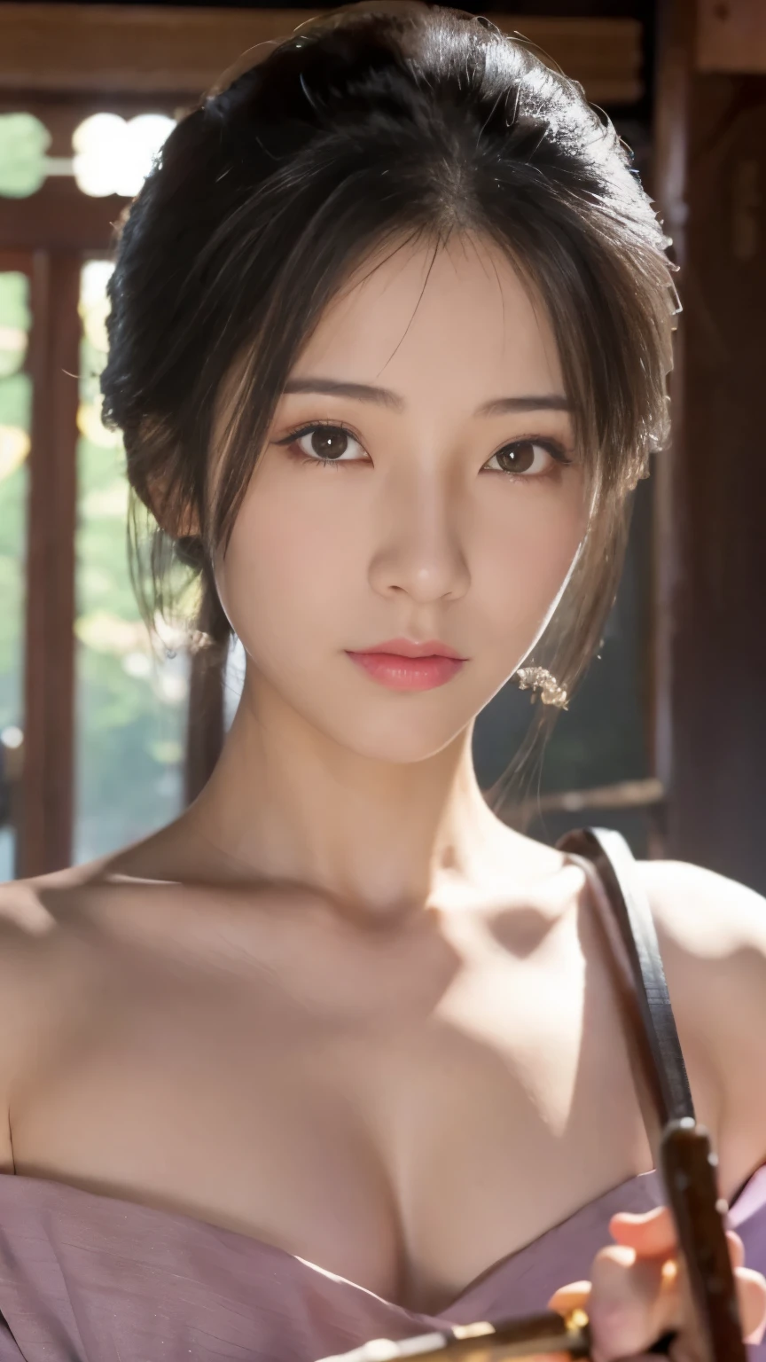 Beautiful woman with a Japanese sword. 18. black hair. Her bangs are down. beautiful double eyes. The bridge of my nose. well-shaped lips. super beautiful. masterpiece, a little naked, white breath, shining face, roll sarashi, high school girl, dojo, The gesture of tying one'hair,