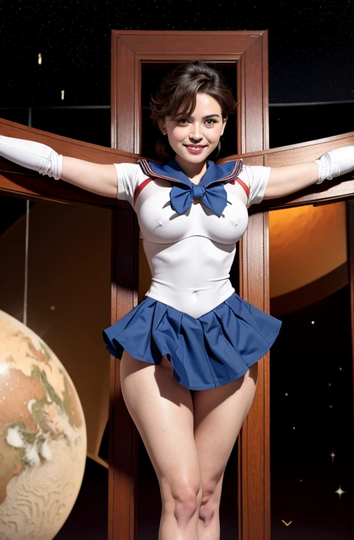 masterpiece, put both hands behind one's back、beautiful super model ,perfect lighting , b1mb0, TH3P1T, (full body,wide shot),Are standing,space background, grin, SV1, sailor warrior uniform, Orange Skirt, elbow bag, tiara, Orange sailor collar, red bow, orange choker, white gloves, jewelry,first round、slave、Tie up to the back、View the audience、big breasts、Christ Pose、crucifixion、cross