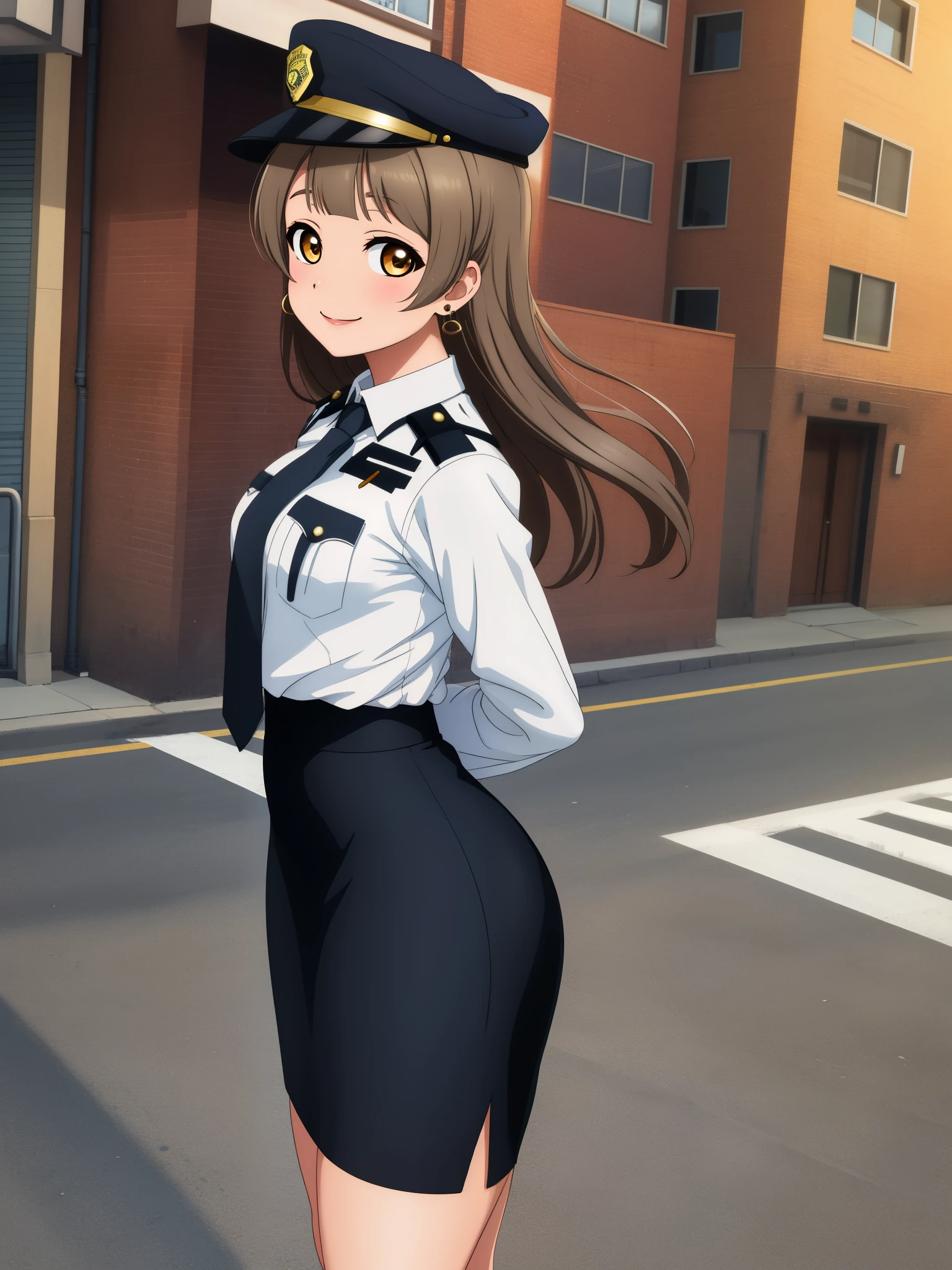 Masterpiece, best quality,solo, from side,(detailed face), minami kotori, curvy body, smile ,white shirt,half sleeves,earrings, pencil skirt, necktie , standing,police cap,in street,looking at viewer, cowboy shot, thighs, wide hips , arms behind back 