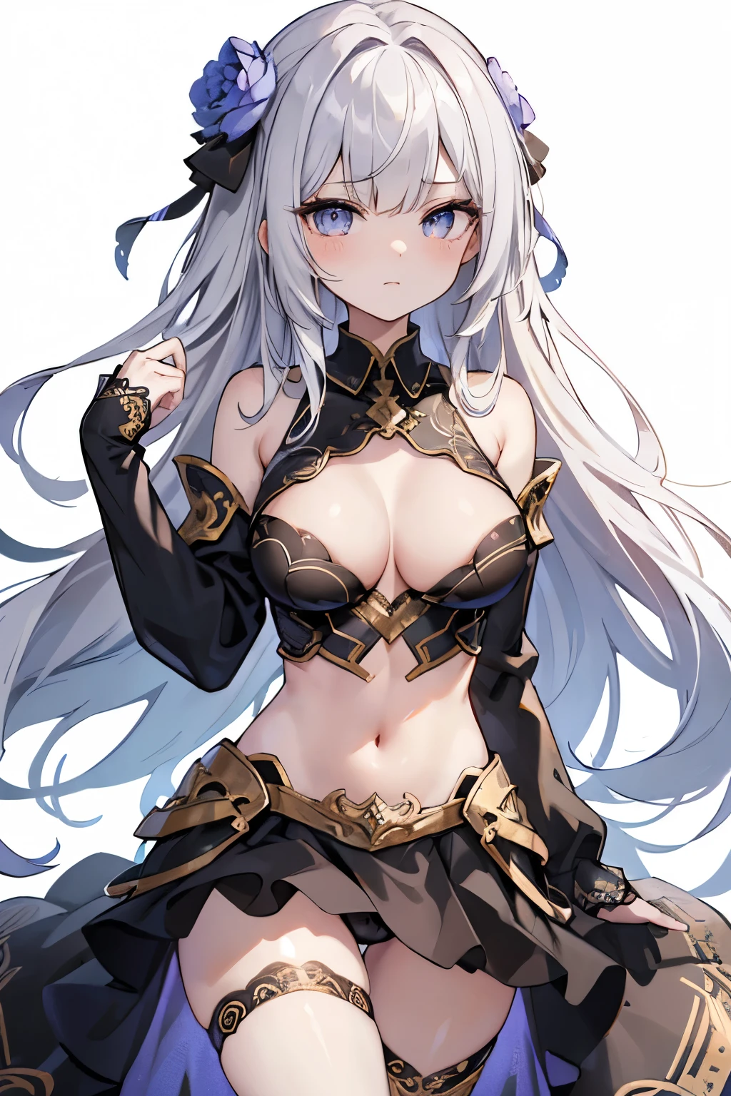 1girl, anime, cute girl, blank background, white background, fantasy, detailed fantasy dress with highlights, beautiful face, beautiful eyes, dark colors, black hair with multicolor streaks, red eye with different color pupil in eye, multicolor eye, medium small breasts (slightly big), slight cleavage, beautiful skin, cute, breast curtains, extremely delicate and beautiful, (beautiful detailed face:1.0), (detailed deep eyes), symmetrical breasts, deep eyes, shiny skin, portrait, slender waist, hips wider than shoulders, thighs, expressionless, young girl, luminous eyes, adorable，（Kpop idol）,（aegyo sal：1），（Platinum blonde hair：1），（（puffy eye）），Black panty，sexy posture，Superskirt, ultra high resolution，Black collar，slim figure, Abdominal y tattoo, womb tattoo，Tight-fitting leg ring，y tattoo on half-body，Bare skin, Armored hand，Hidden fingertips，Hand covered，Arm covered，Fist covered,{{beautiful detailed fingers}}, tufts of hair, moderate beautiful breast:1.0,(masterpiece:1.2), best quality, high-res, HDR, perfect face, intricate armor, delicate blue filigree, intricate filigree, red metalic parts, detailed part, dynamic pose, dynamic lights, cute face