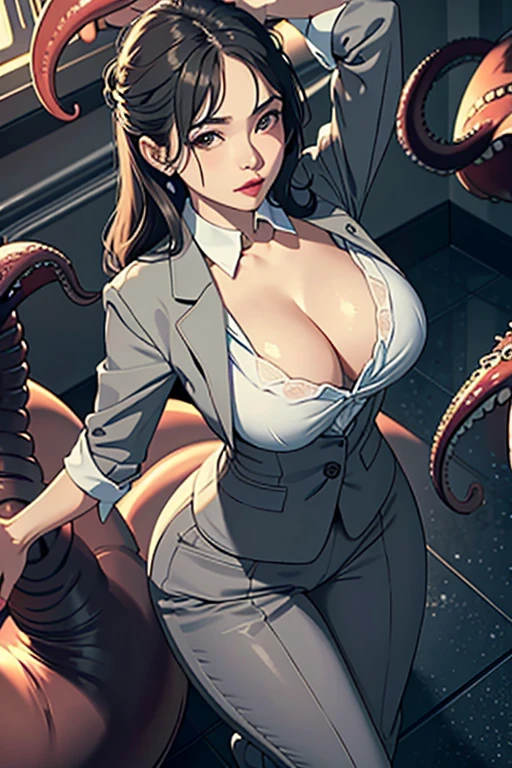 ((highest quality)), ((masterpiece)), (be familiar with), (High definition), (real), 8K, best shadow, side lighting, cinematic、low contrast、(Complex:1.4)、Office lady climbing up a stepladder、milf, Grey color pantsuit (Calf close-up:1.2)、(front view)、hidden camera photos、View from below looking up at the crotch, sex with tentacles