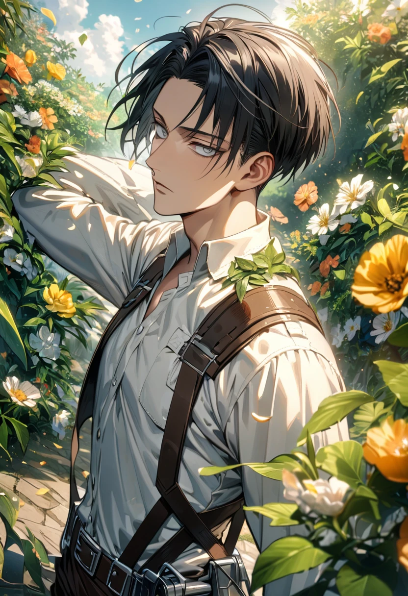 Ultra detailed, Highres, absurdres, HDR, Levi Ackerman, black hair, grey eyes, Shingeki No Kyojin, extremely handsome, 1 man only, green leaves, flowers and petals, summer