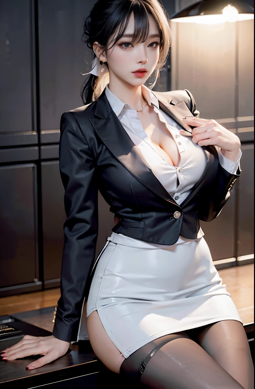 Sexy Lawyer, Classy business skirt, black blazer, white dress shirt, Tight Skirt, Reading a book at a desk, at the library, big, cleavage, perfect hands perfect fingers perfect breasts perfect fit perfect body perfect face perfect image realism detailed background micro bikini, unbuttoned shirt, lewd librarian, hyper realism, realistic, unreal engine, 3dcg, octane rendering, High resolution up to 8K, sweater dress, Professional, breasts that look torn from clothes,,, ponytail