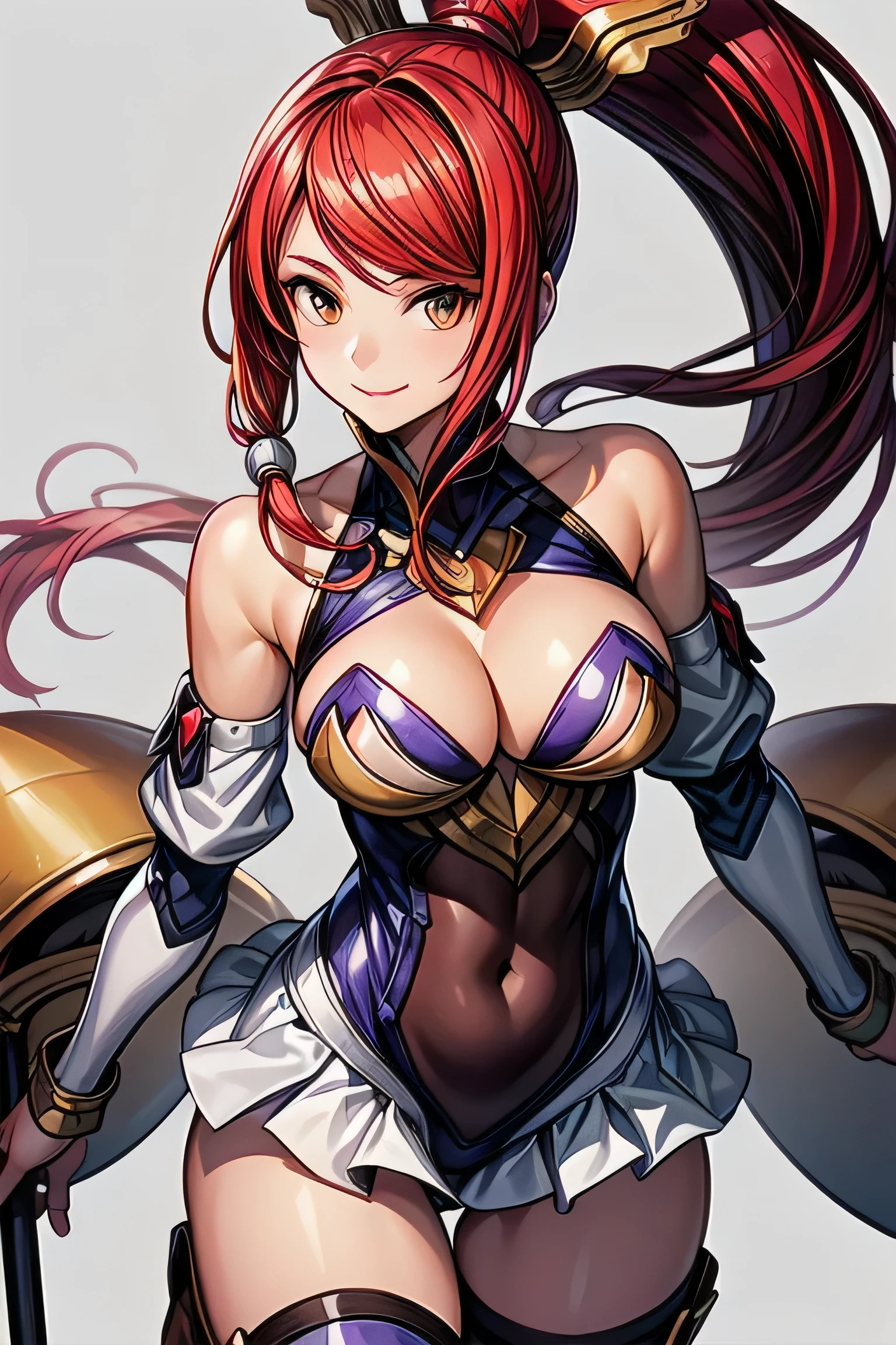 Izayoi (blazblue), orange eyes, red hair, ponytail, long hair, large breasts, armor, bodysuit, boots, skin tight, skirt, thigh boots, thighhighs, 1girl, solo, facing viewer, looking at viewer, upper body, smile,