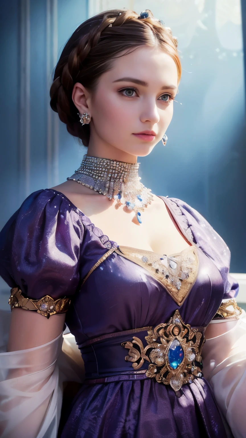 (Super high quality gem,Beautiful bust of an 18-year-old noble girl,Classic braids,eyes are bright and clear,flower craftsmanship,crystal jewelry,super fine details,soft lighting)
