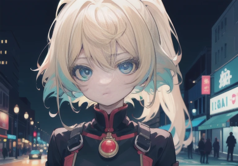 (Masterpiece, Best quality, Very detailed:1.3), Perfect configuration, 4K, (Very detailed, Overly detailed), Soft lighting, raw, Human development report, 8K textures, Maximum detail, Hight skin texture joint, Epic details, High acuity, 1girl, (Detailed eyes:1.3), (18 year old girl:1.3), (slim), (Big breasts), small, in the street, in public, Night Street, Night lights, Neon lights, Anime, clarification,