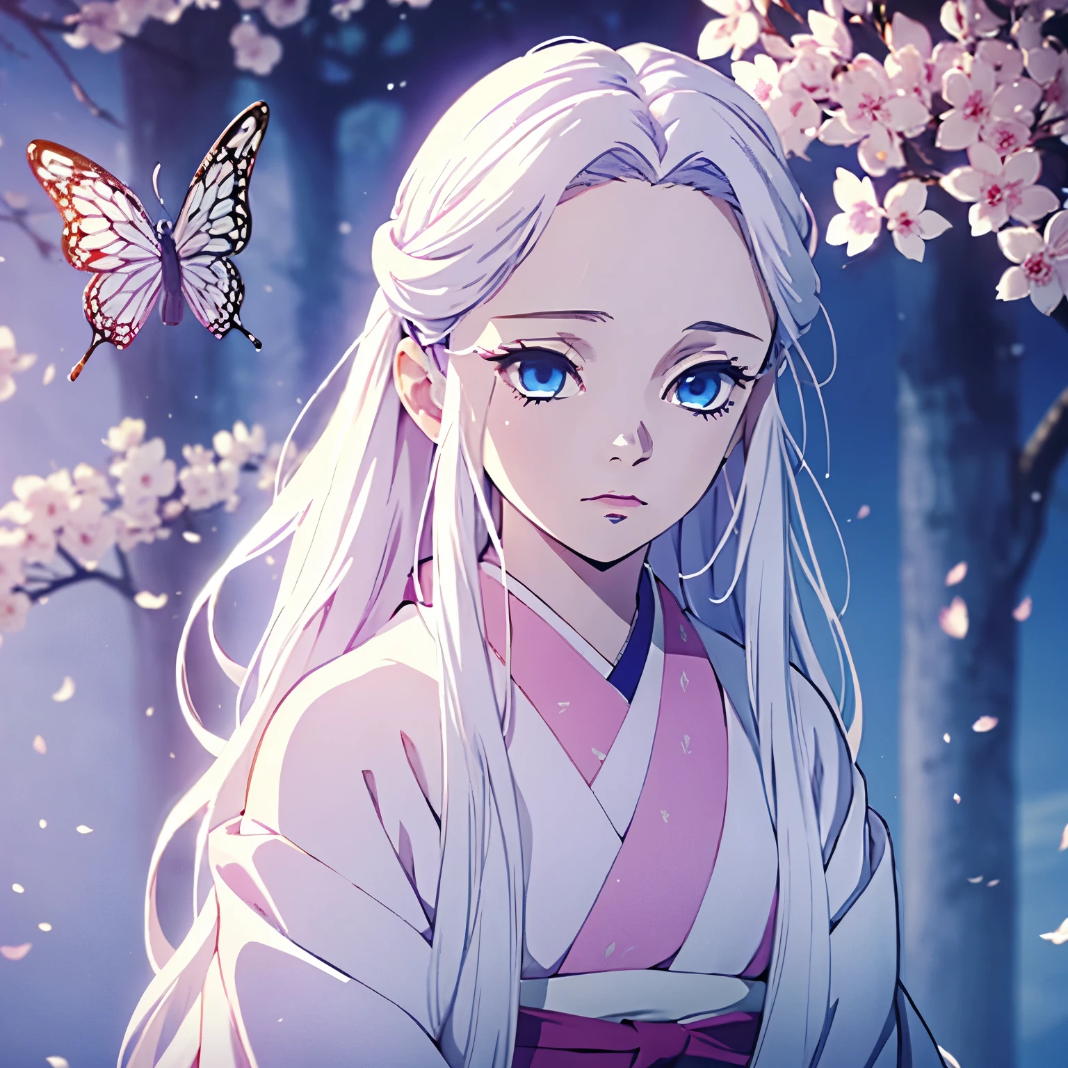 1 girl, blue eyes, White hair, (long straight hair), beautiful girl, pink kimono, white haori, day time, face focus, butterfly hair pin,