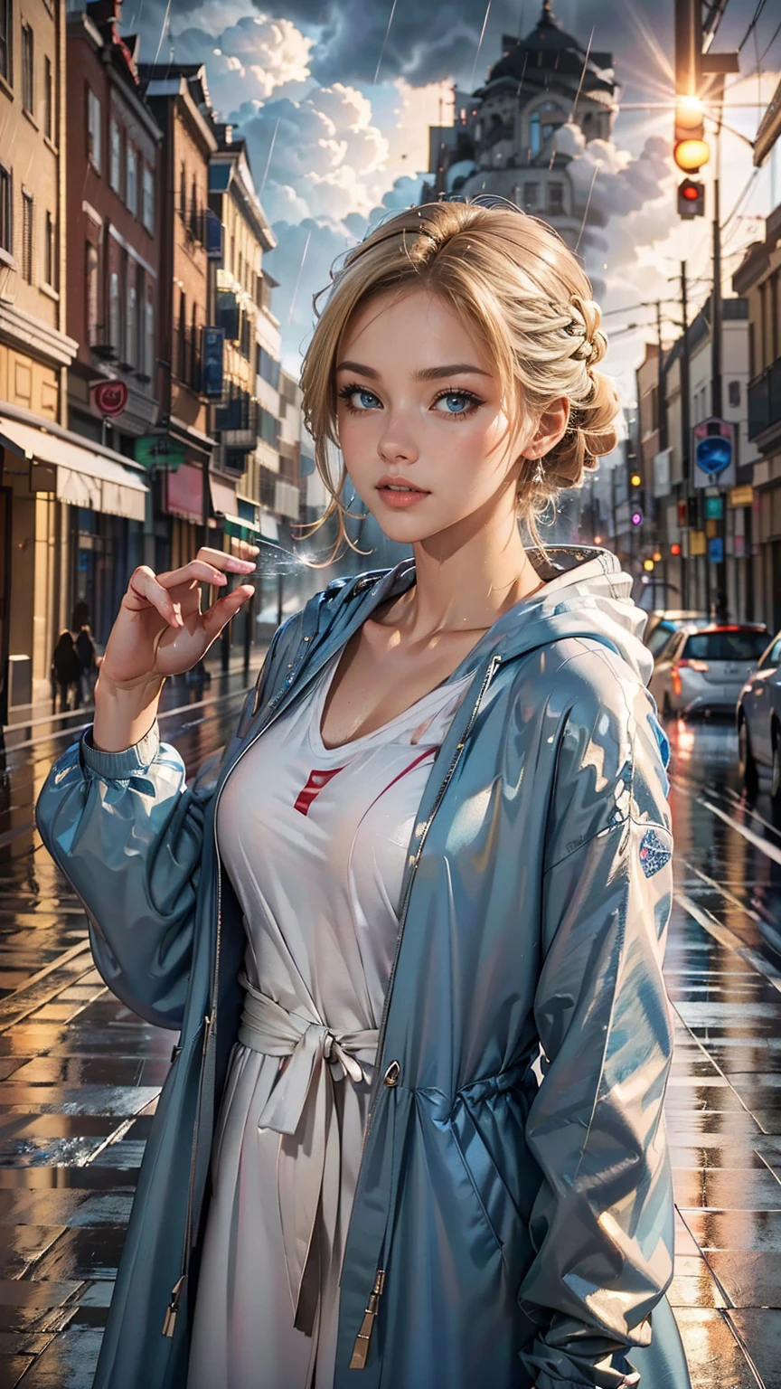 ((最high quality, 8K, masterpiece: 1.3, Ultra HD, high quality, 最high quality, High resolution, realism)) 、(high color saturation:1.0), (highly detailed skin), (最high quality:1.0), (超High resolution:1.0) ,(realistic:1.0), (Super detailed:1.0), (8K, Raw photo:1.1), slender、Slender, muscular body that's toned like an athlete's、white woman、blue eyes、blonde、Wear a raincoat、put on a hood、City with poor visibility due to rain、I'm in the middle of the road、Sunlight shines through gaps in the thick rain clouds、there's a rainbow in the sky、Low angle view