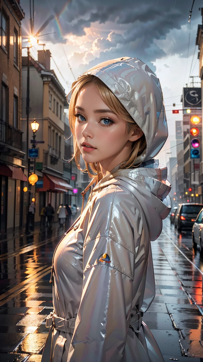 ((最high quality, 8K, masterpiece: 1.3, Ultra HD, high quality, 最high quality, High resolution, realism)) 、(high color saturation:1.0), (highly detailed skin), (最high quality:1.0), (超High resolution:1.0) ,(realistic:1.0), (Super detailed:1.0), (8K, Raw photo:1.1), slender、Slender, muscular body that's toned like an athlete's、white woman、blue eyes、blonde、Wear a raincoat、put on a hood、City with poor visibility due to rain、I'm in the middle of the road、Sunlight shines through gaps in the thick rain clouds、there's a rainbow in the sky、Low angle view